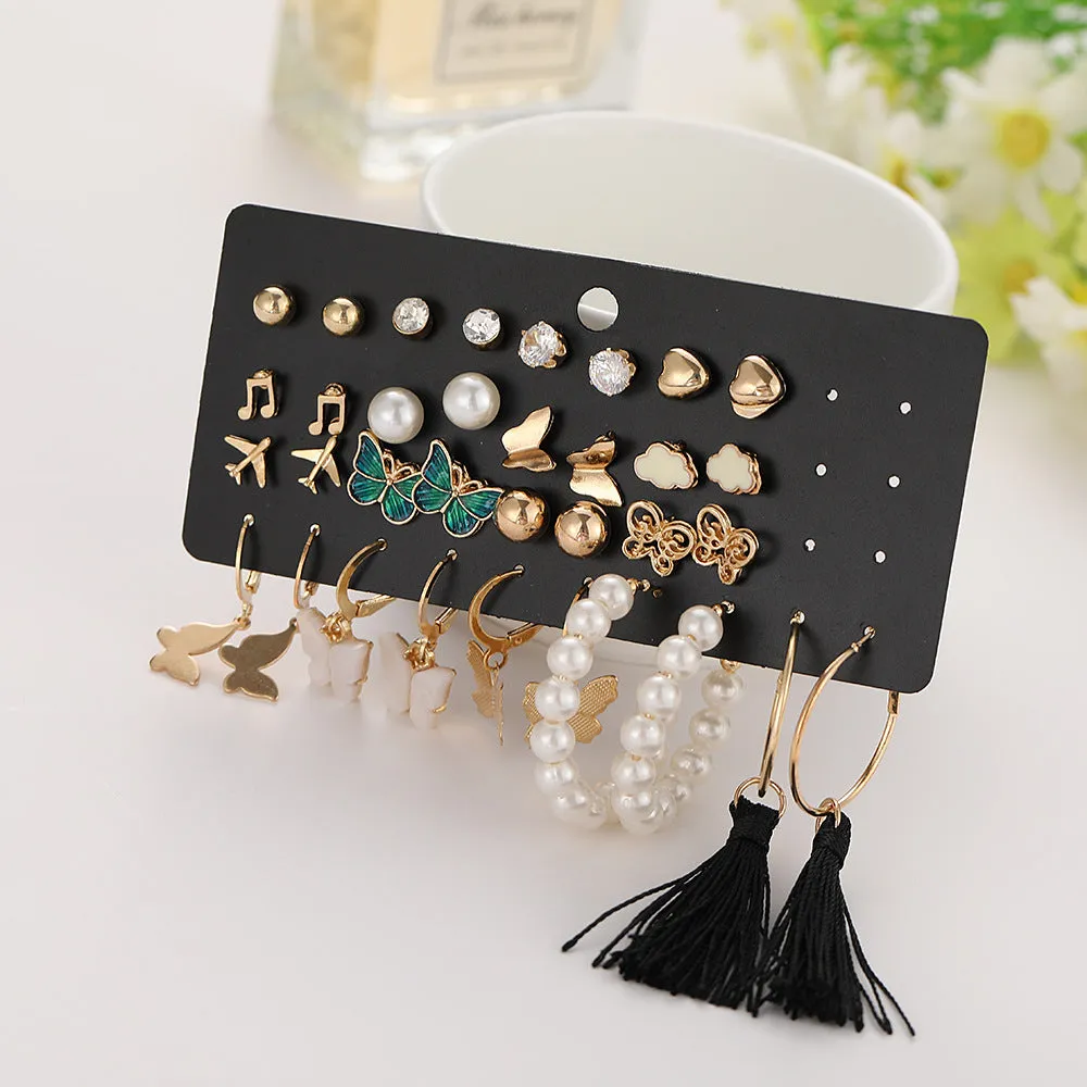 17 Pair Pearl Hoop and Butterfly Heart Stud Earrings