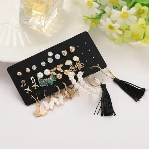 17 Pair Pearl Hoop and Butterfly Heart Stud Earrings