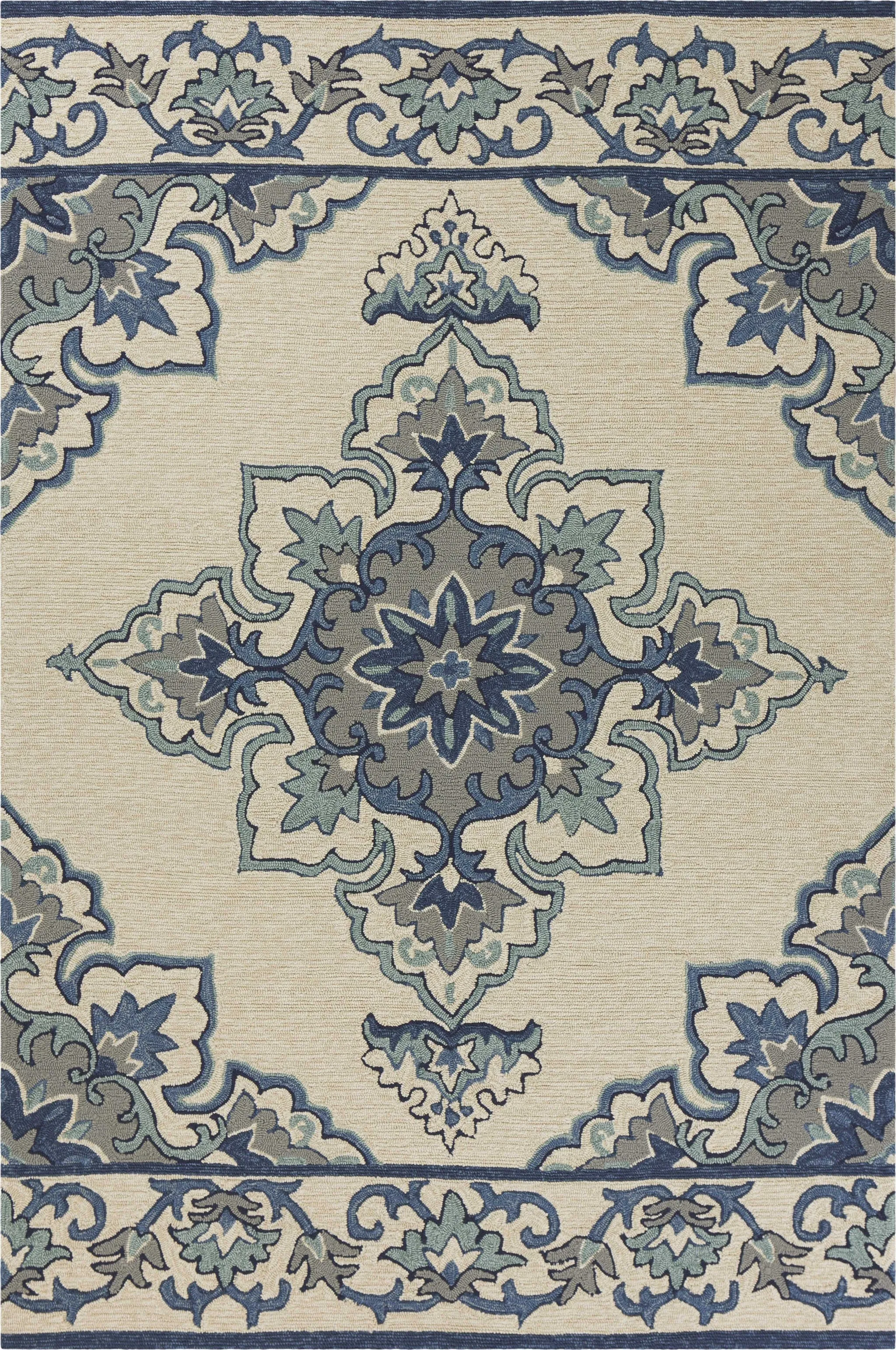 2'x3' Ivory Blue Hand Hooked Floral Medallion Indoor Outdoor Accent Rug