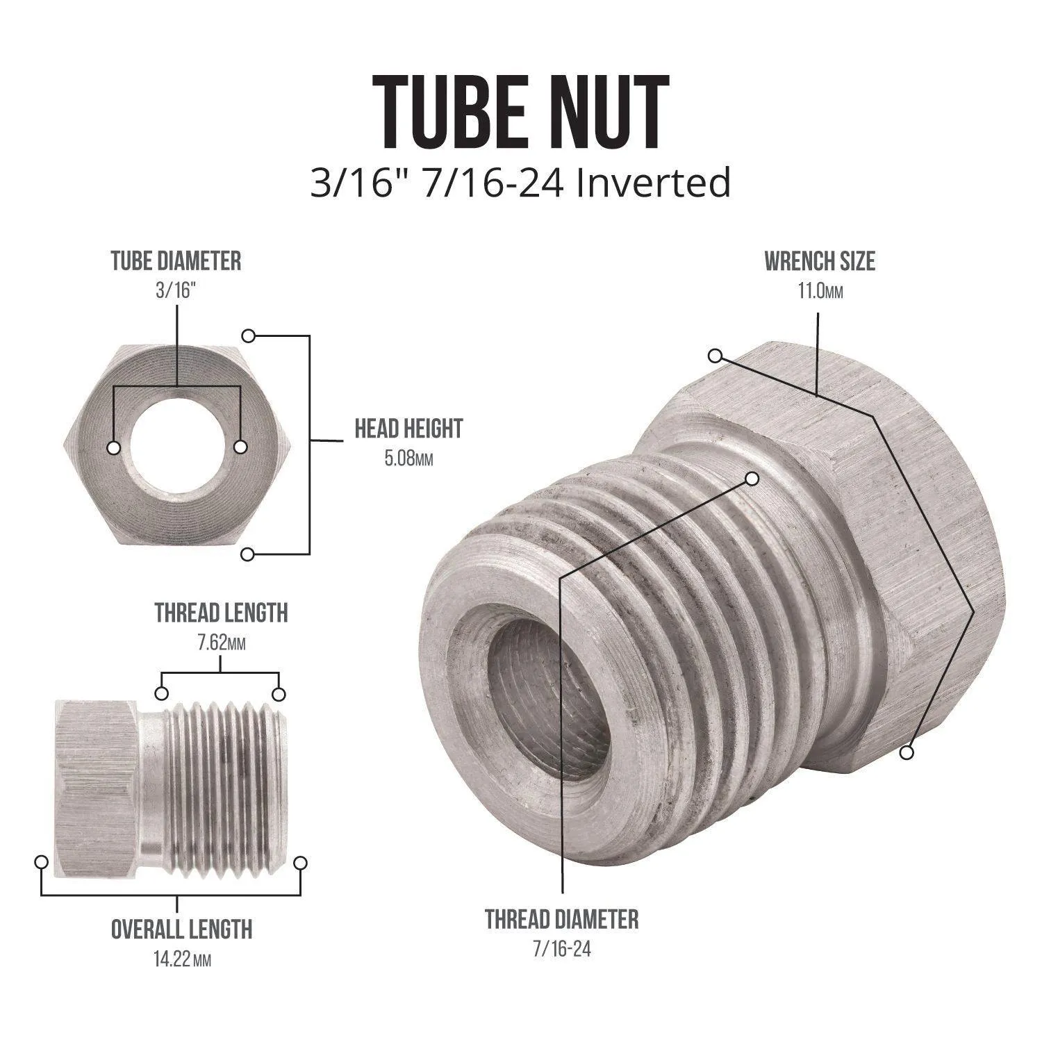 3/16" (7/16-24 Inverted) | Stainless Steel Brake Line Tube Nut | 10ct
