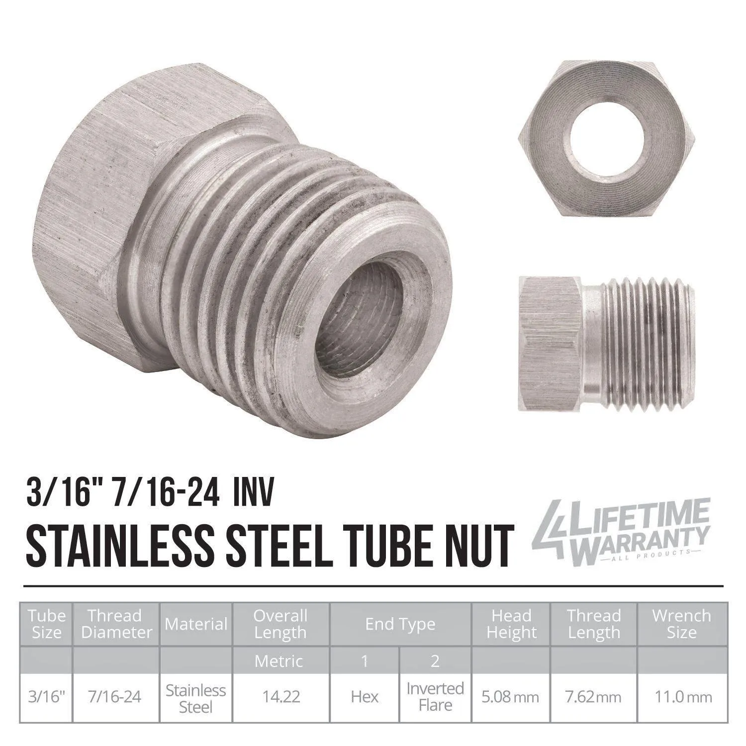 3/16" (7/16-24 Inverted) | Stainless Steel Brake Line Tube Nut | 10ct