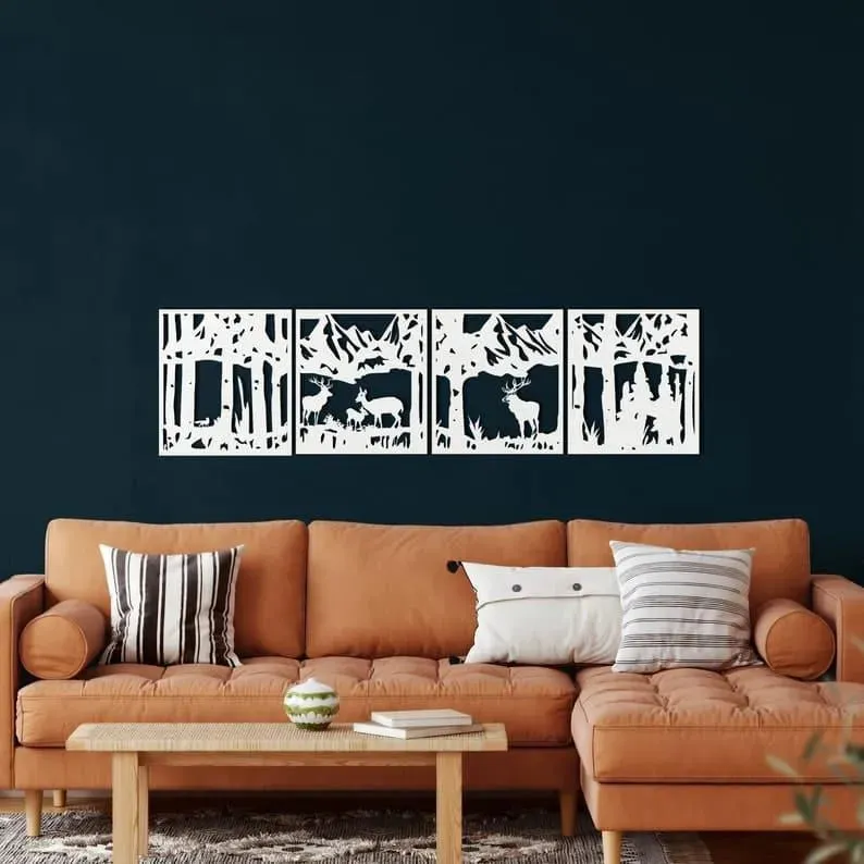 4 Panel Deer Family And Forest Metal Wall Art