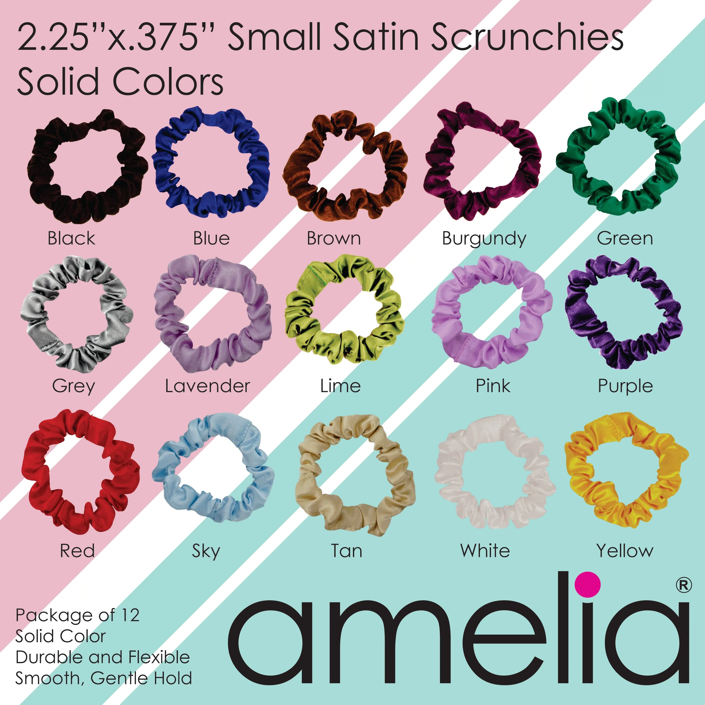 Amelia Beauty, Brown Satin Scrunchies, 2.25in Diameter, Gentle on Hair, Strong Hold, No Snag, No Dents or Creases. 12 Pack