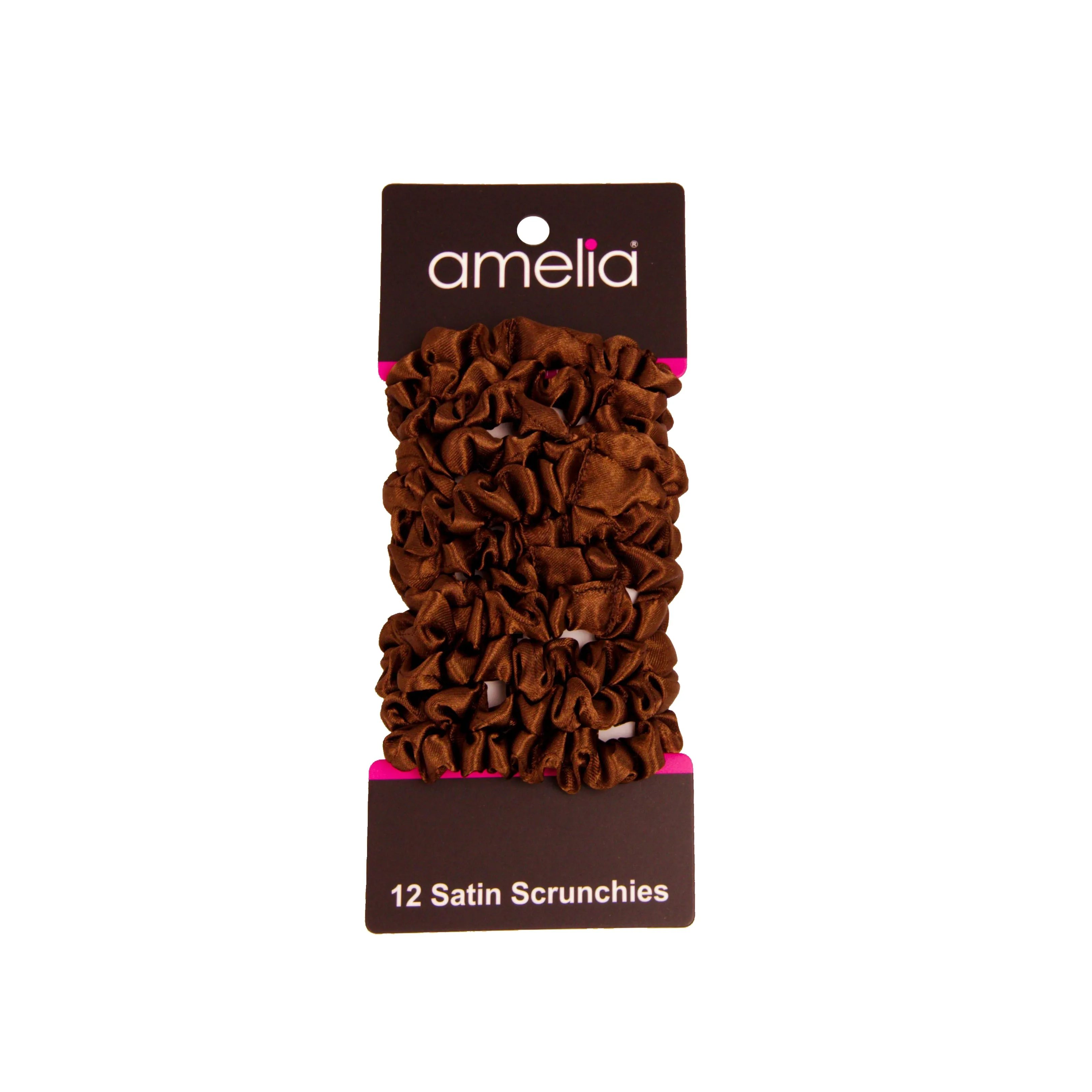 Amelia Beauty, Brown Satin Scrunchies, 2.25in Diameter, Gentle on Hair, Strong Hold, No Snag, No Dents or Creases. 12 Pack