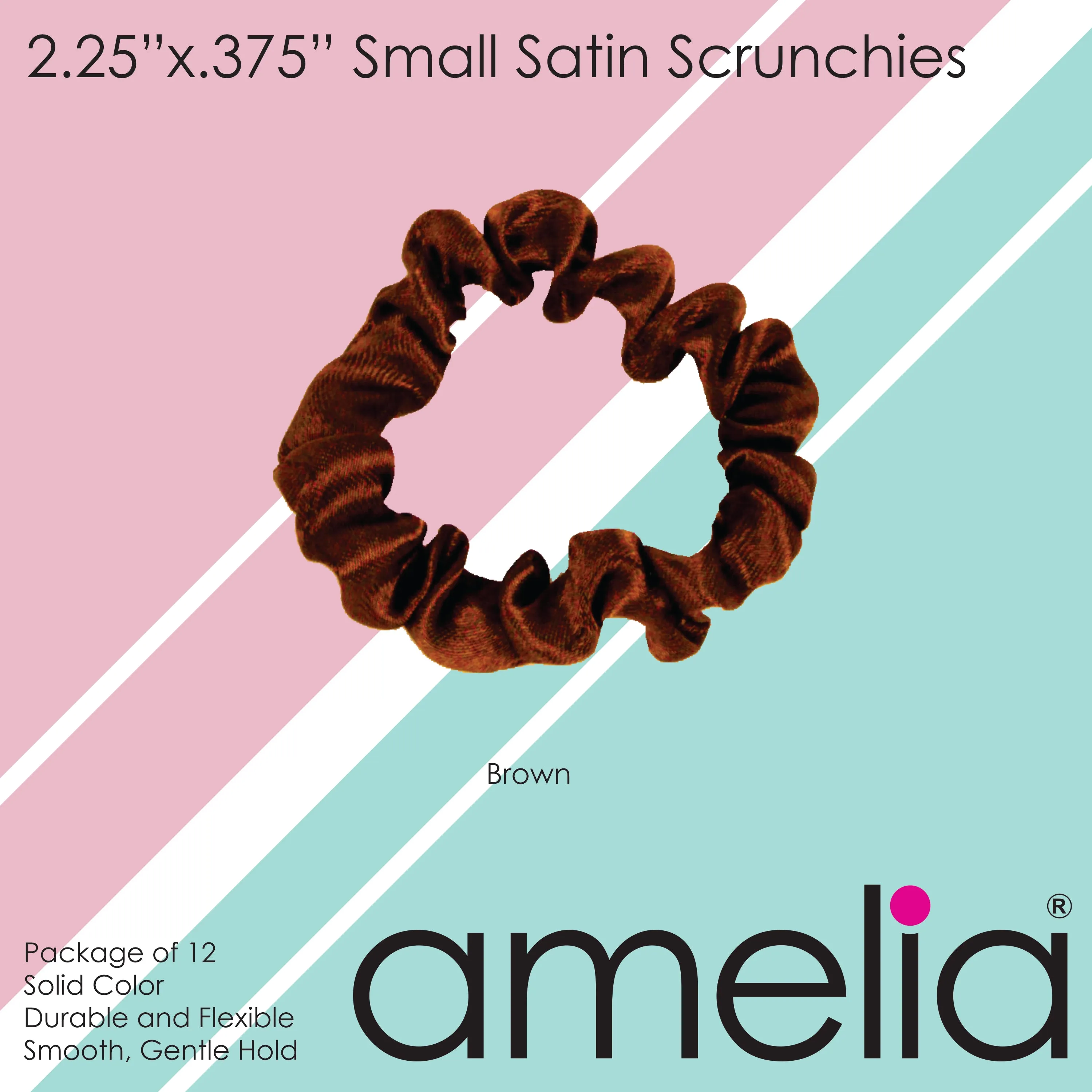Amelia Beauty, Brown Satin Scrunchies, 2.25in Diameter, Gentle on Hair, Strong Hold, No Snag, No Dents or Creases. 12 Pack
