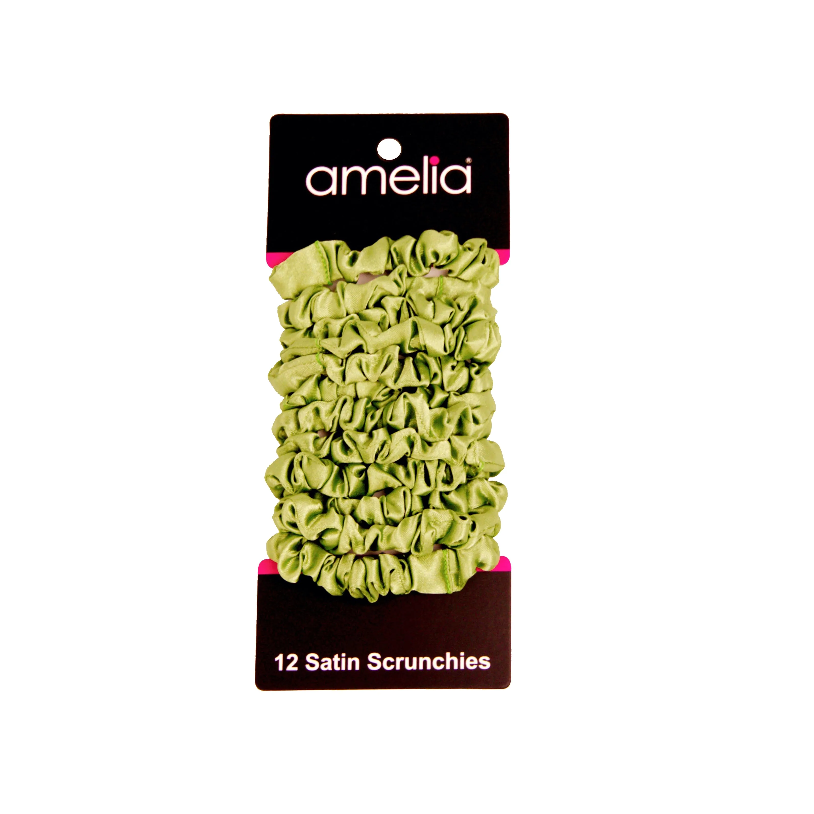 Amelia Beauty, Lime Satin Scrunchies, 2.25in Diameter, Gentle on Hair, Strong Hold, No Snag, No Dents or Creases. 12 Pack