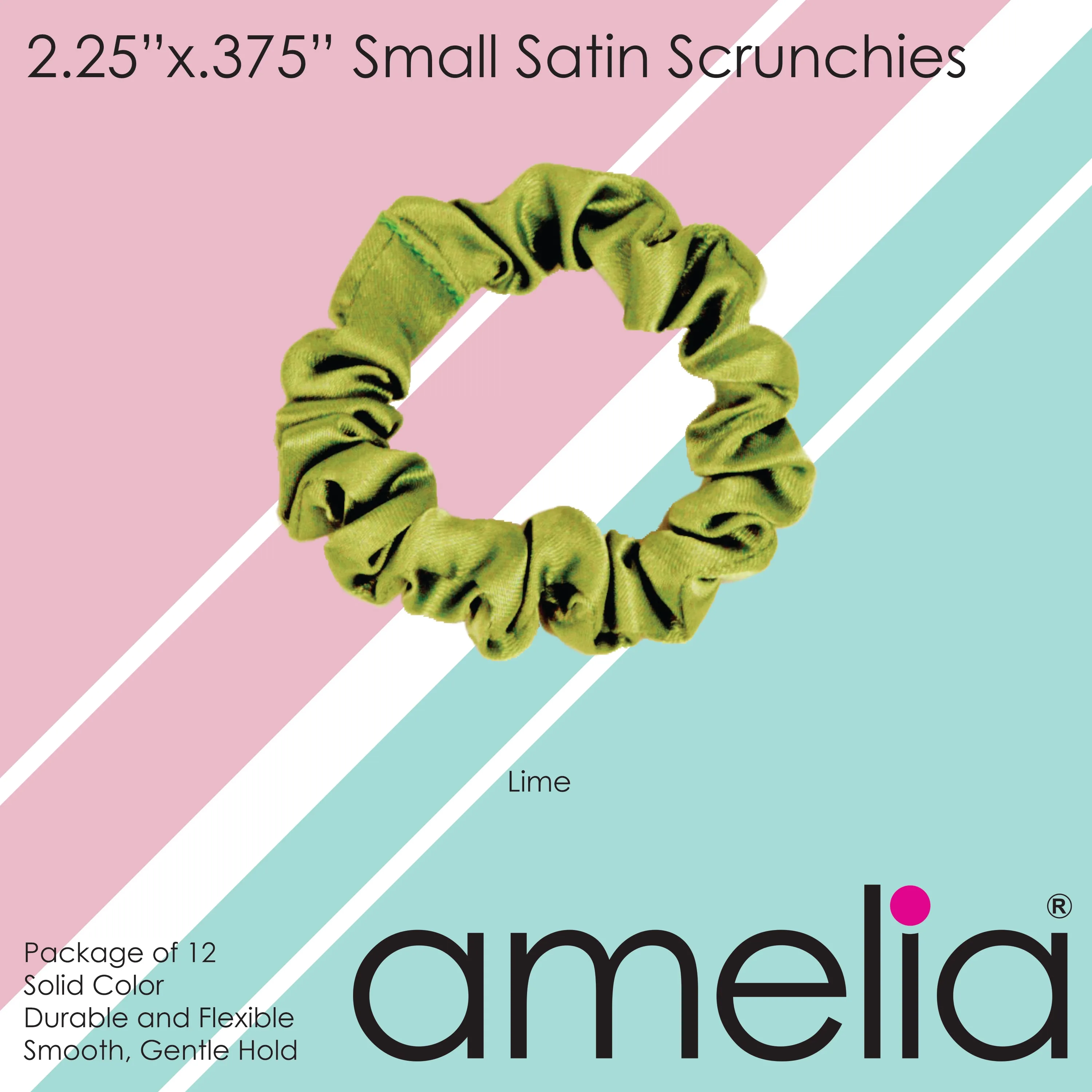 Amelia Beauty, Lime Satin Scrunchies, 2.25in Diameter, Gentle on Hair, Strong Hold, No Snag, No Dents or Creases. 12 Pack