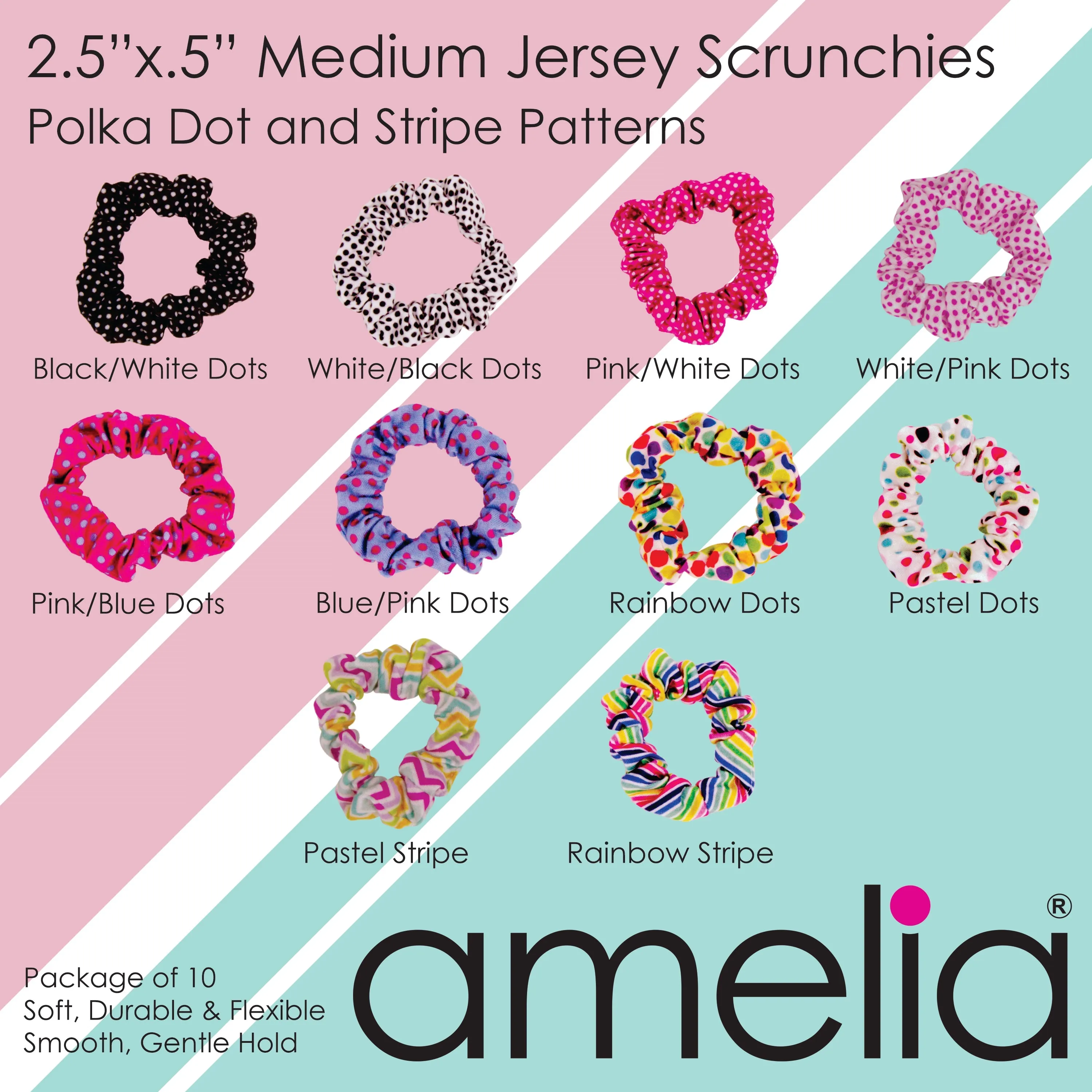 Amelia Beauty, Medium Purple Jersey Scrunchies, 2.5in Diameter, Gentle on Hair, Strong Hold, No Snag, No Dents or Creases. 10 Pack