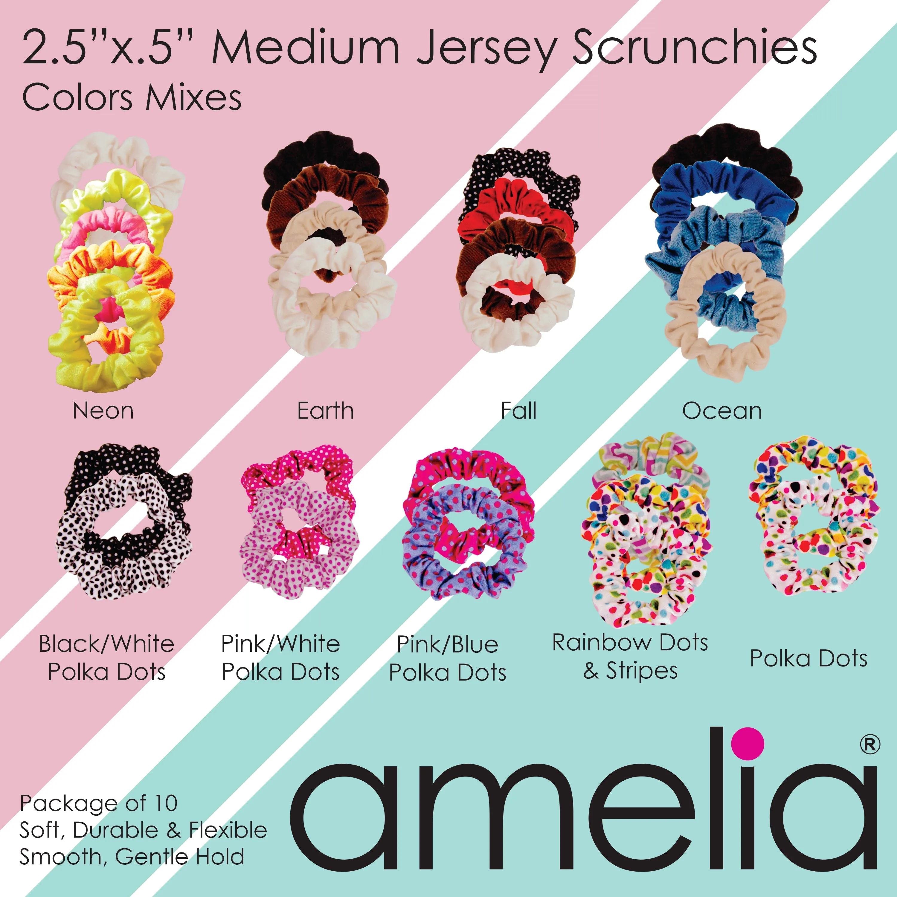 Amelia Beauty, Medium Purple Jersey Scrunchies, 2.5in Diameter, Gentle on Hair, Strong Hold, No Snag, No Dents or Creases. 10 Pack