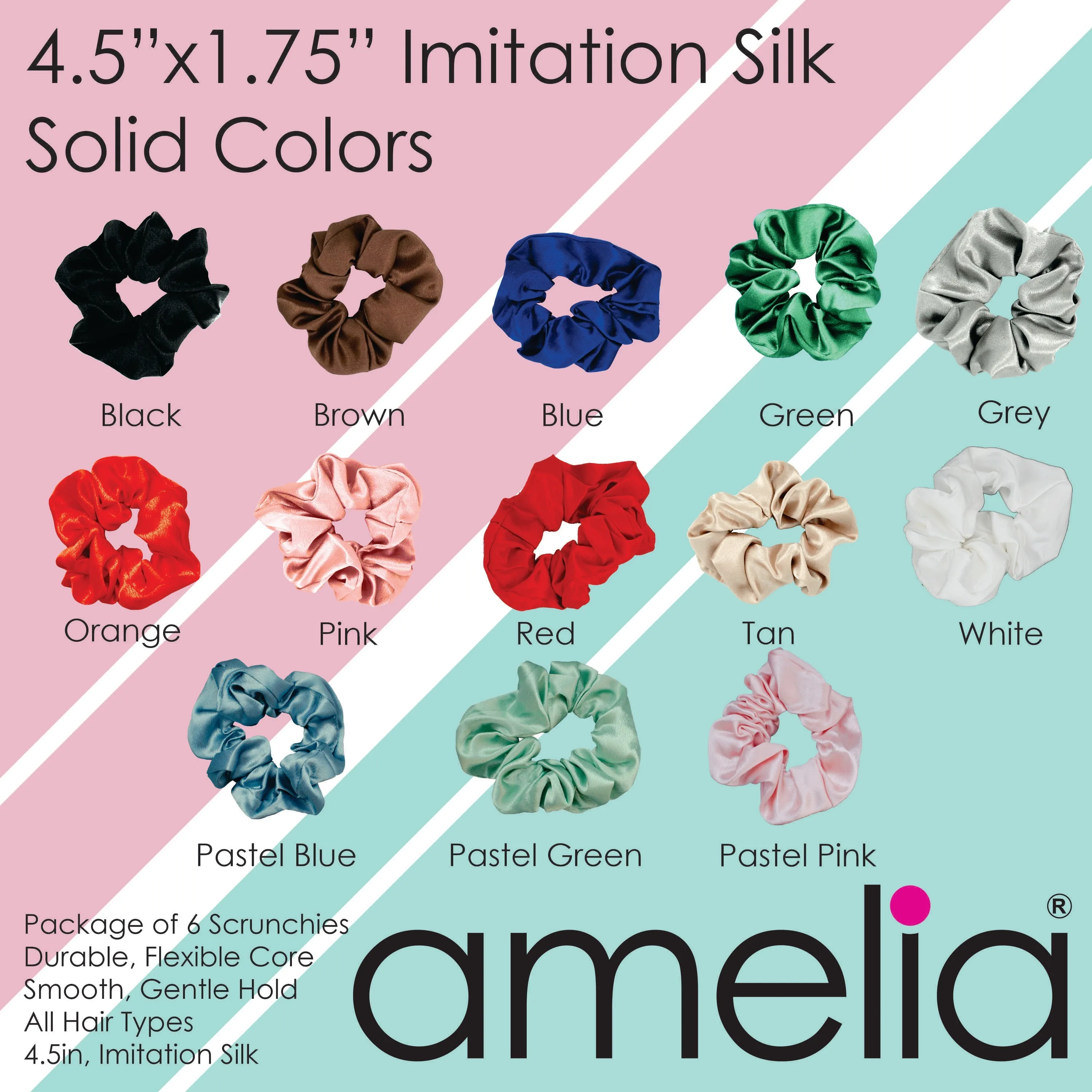 Amelia Beauty Pastel Blue Imitation Silk Scrunchies, 4.5in Diameter, Gentle on Hair, Strong Hold, No Snag, No Dents or Creases. 6 Pack