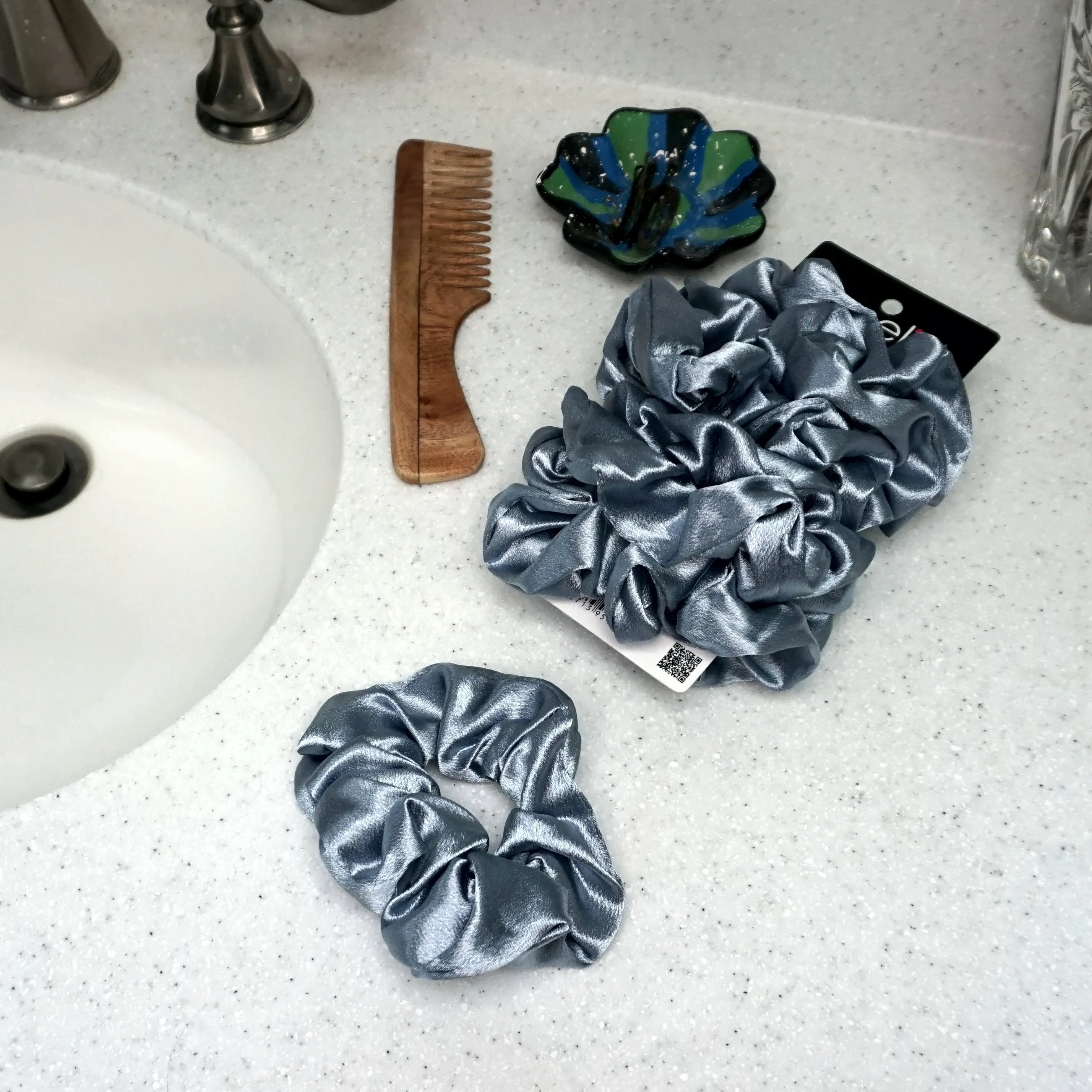 Amelia Beauty Pastel Blue Imitation Silk Scrunchies, 4.5in Diameter, Gentle on Hair, Strong Hold, No Snag, No Dents or Creases. 6 Pack