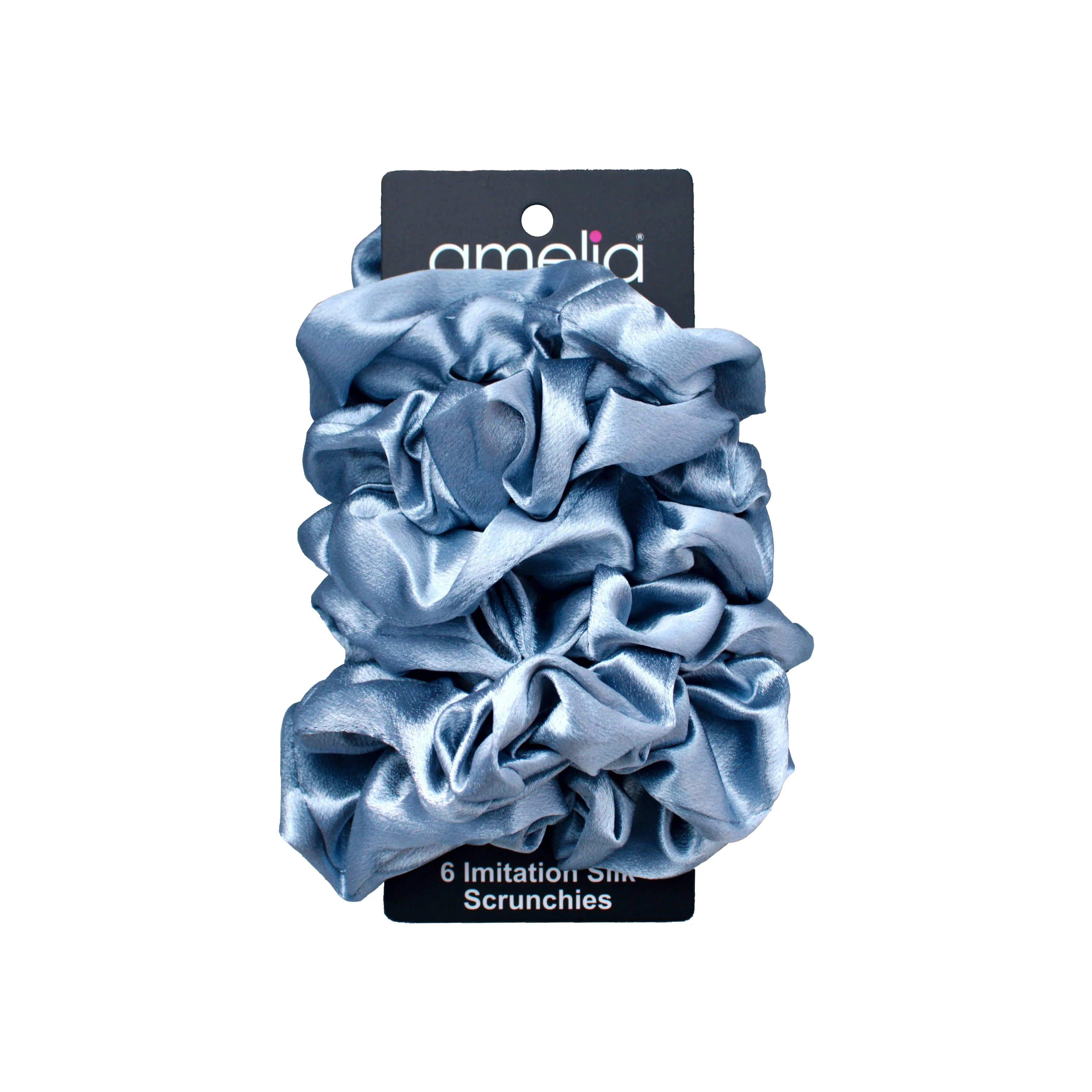 Amelia Beauty Pastel Blue Imitation Silk Scrunchies, 4.5in Diameter, Gentle on Hair, Strong Hold, No Snag, No Dents or Creases. 6 Pack