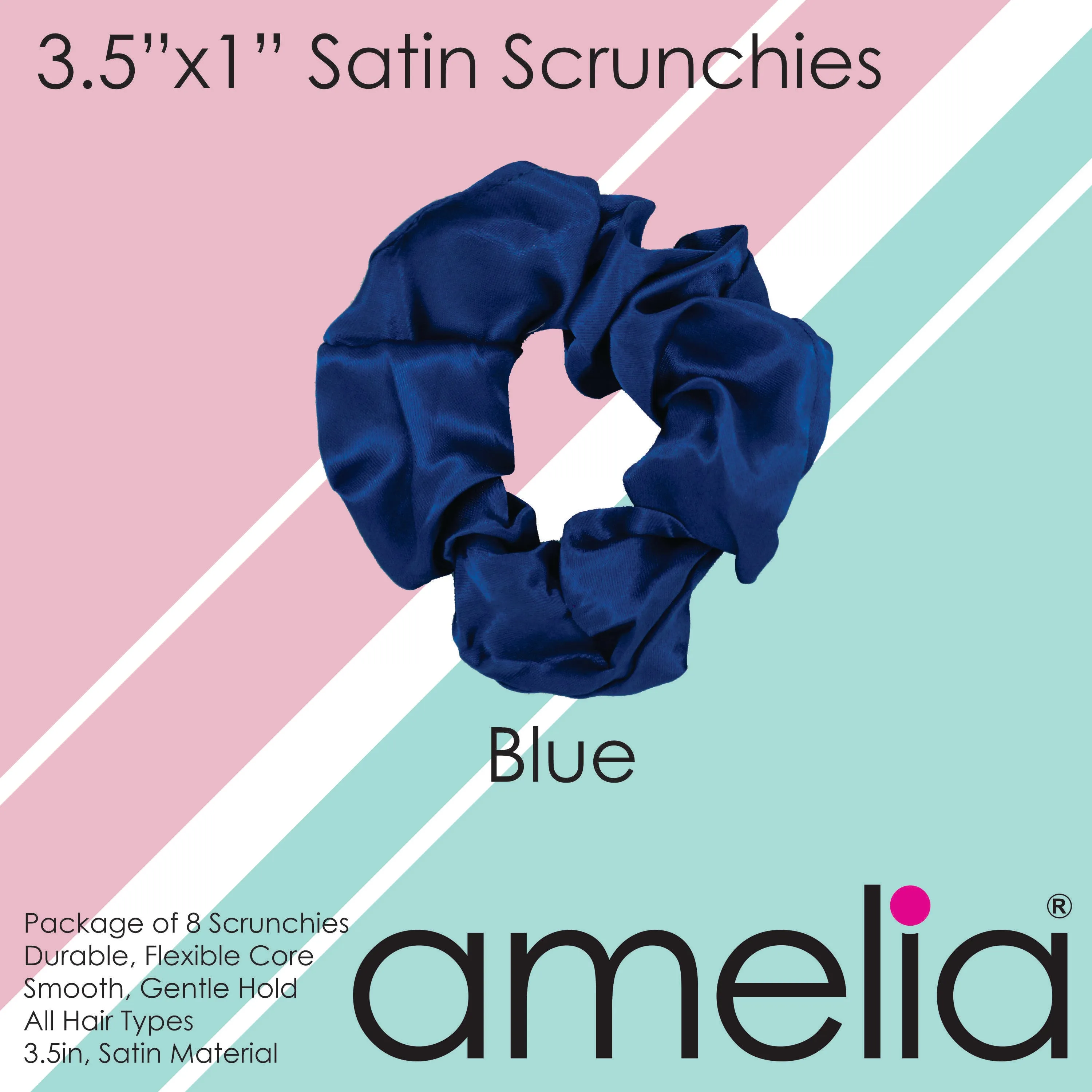 Amelia Beauty Products, Blue Satin Scrunchies, 3.5in Diameter, Gentle on Hair, Strong Hold, No Snag, No Dents or Creases. 8 Pack
