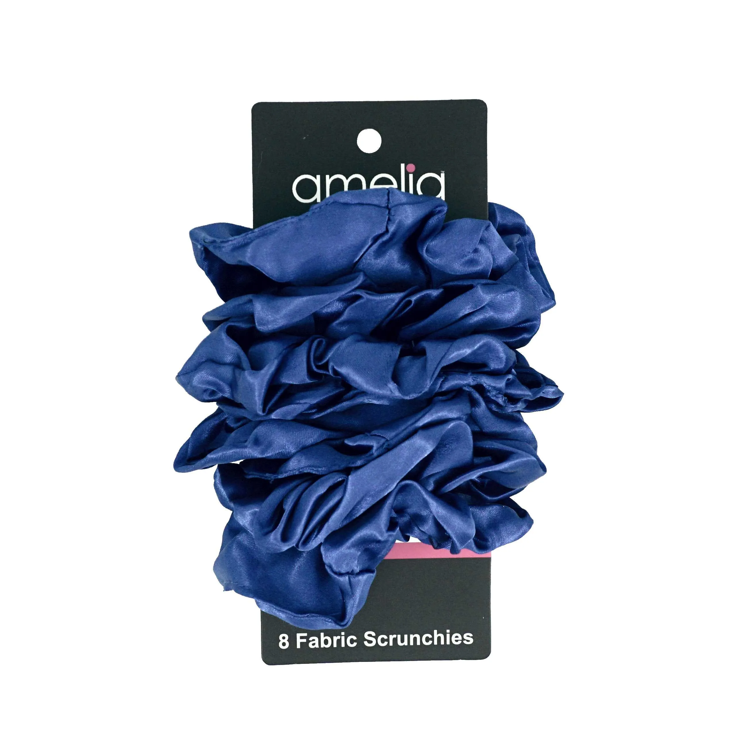 Amelia Beauty Products, Blue Satin Scrunchies, 3.5in Diameter, Gentle on Hair, Strong Hold, No Snag, No Dents or Creases. 8 Pack
