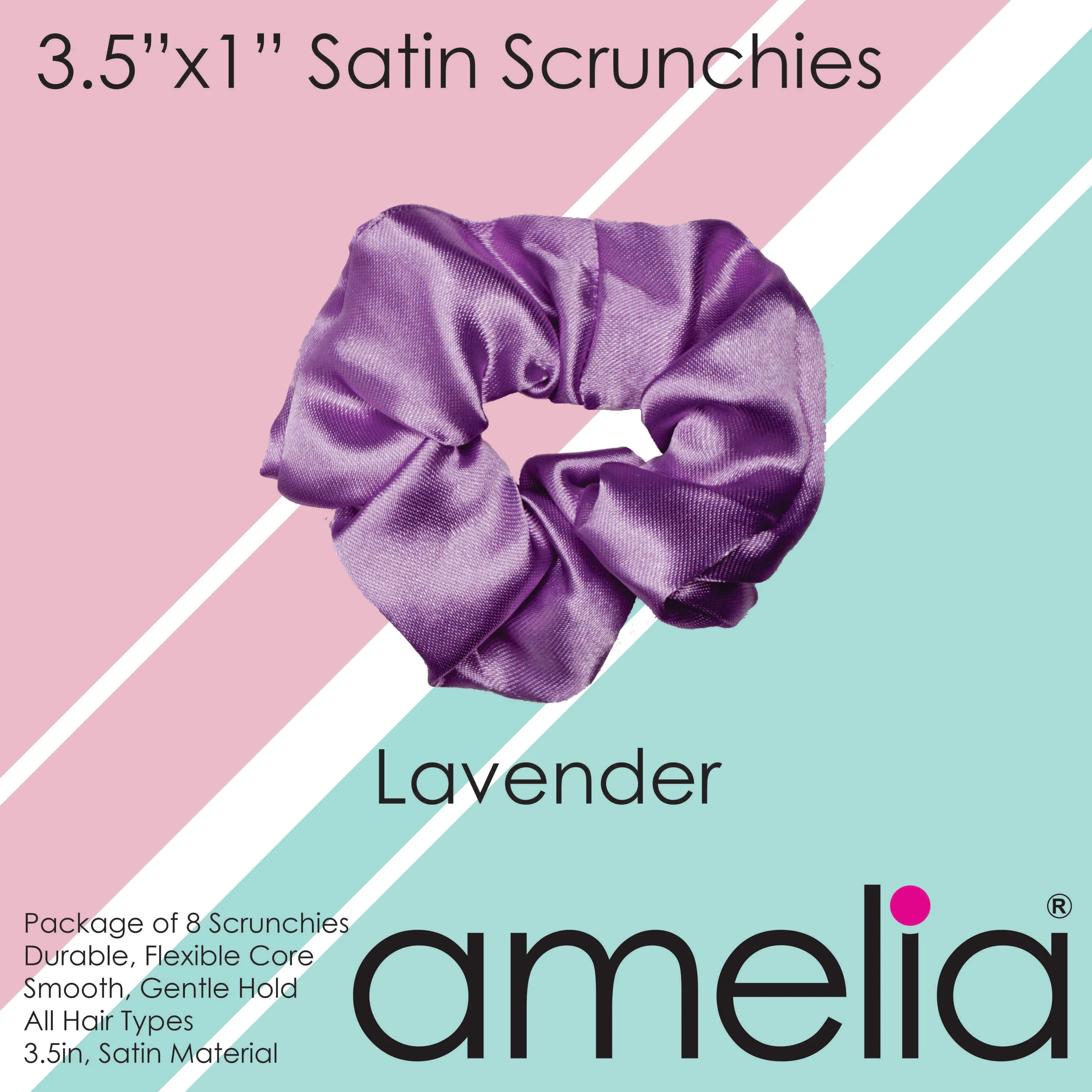 Amelia Beauty Products, Lavender Satin Scrunchies, 3.5in Diameter, Gentle on Hair, Strong Hold, No Snag, No Dents or Creases. 8 Pack