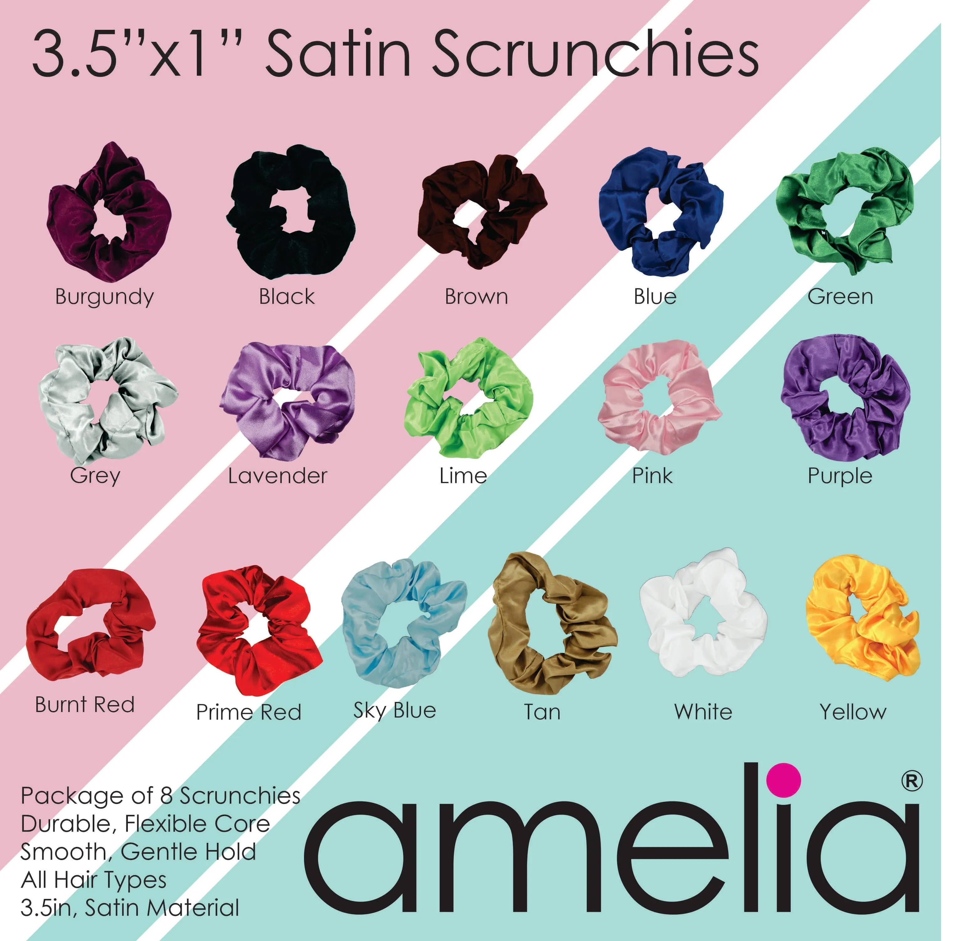Amelia Beauty Products, Tan Satin Scrunchies, 3.5in Diameter, Gentle on Hair, Strong Hold, No Snag, No Dents or Creases. 8 Pack