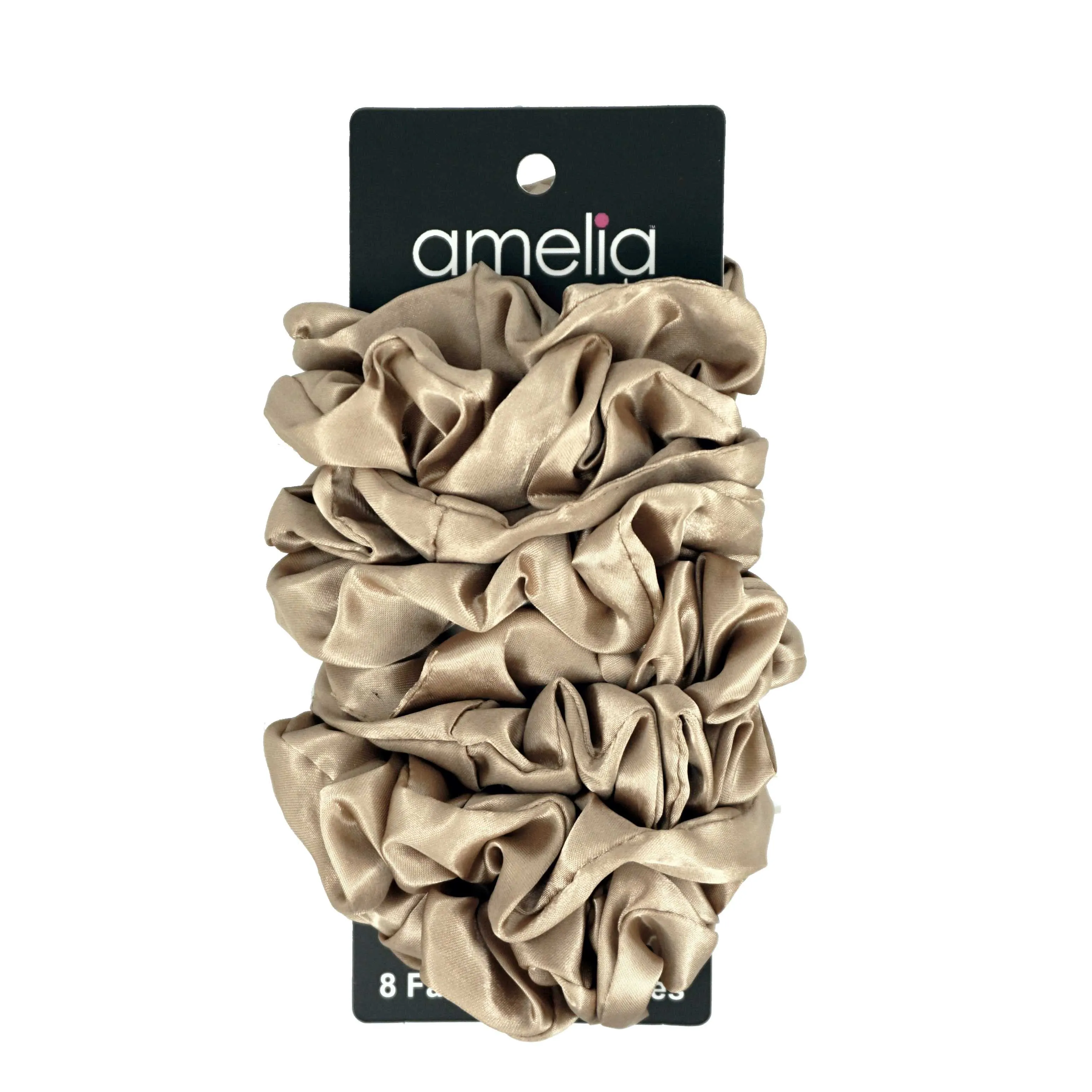Amelia Beauty Products, Tan Satin Scrunchies, 3.5in Diameter, Gentle on Hair, Strong Hold, No Snag, No Dents or Creases. 8 Pack