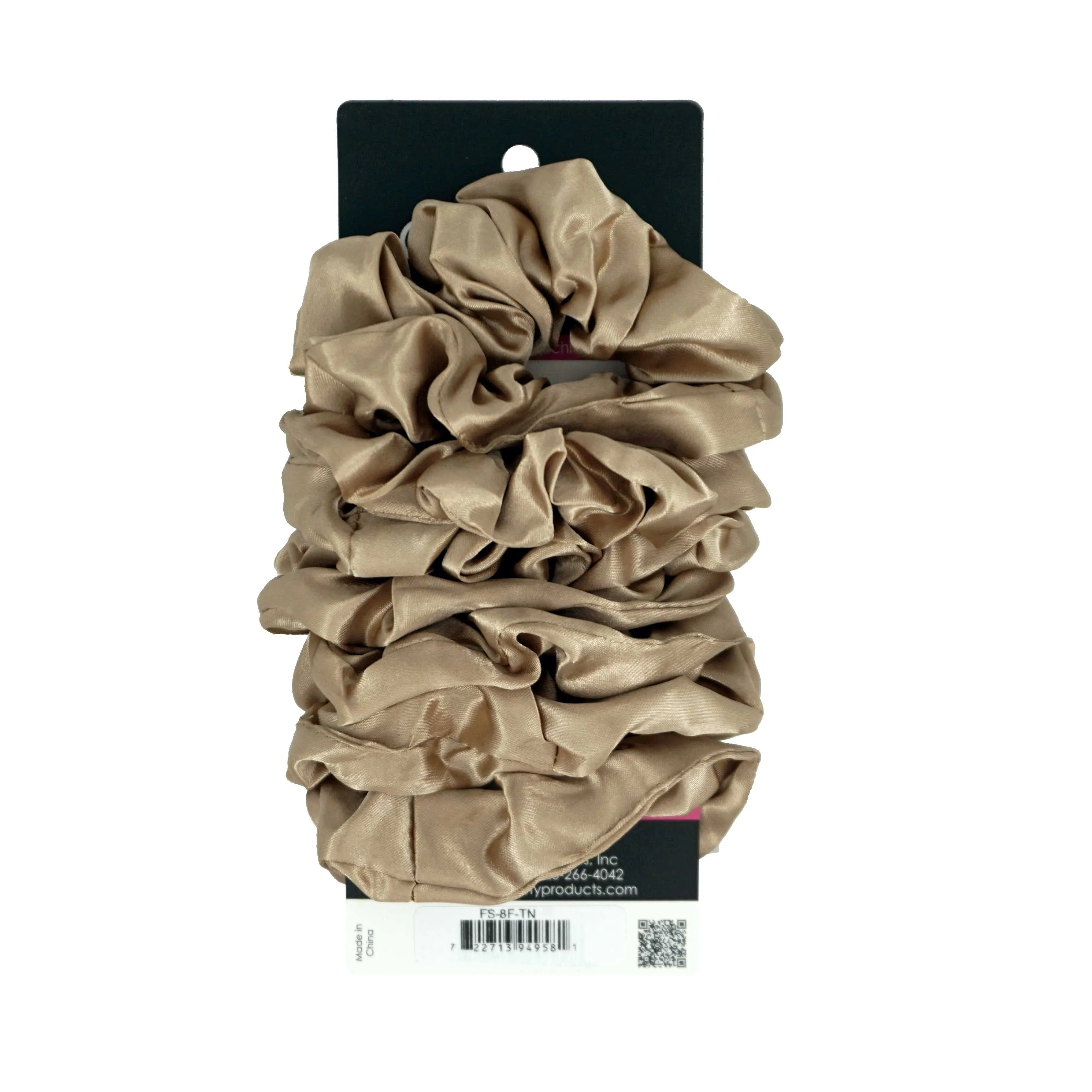 Amelia Beauty Products, Tan Satin Scrunchies, 3.5in Diameter, Gentle on Hair, Strong Hold, No Snag, No Dents or Creases. 8 Pack