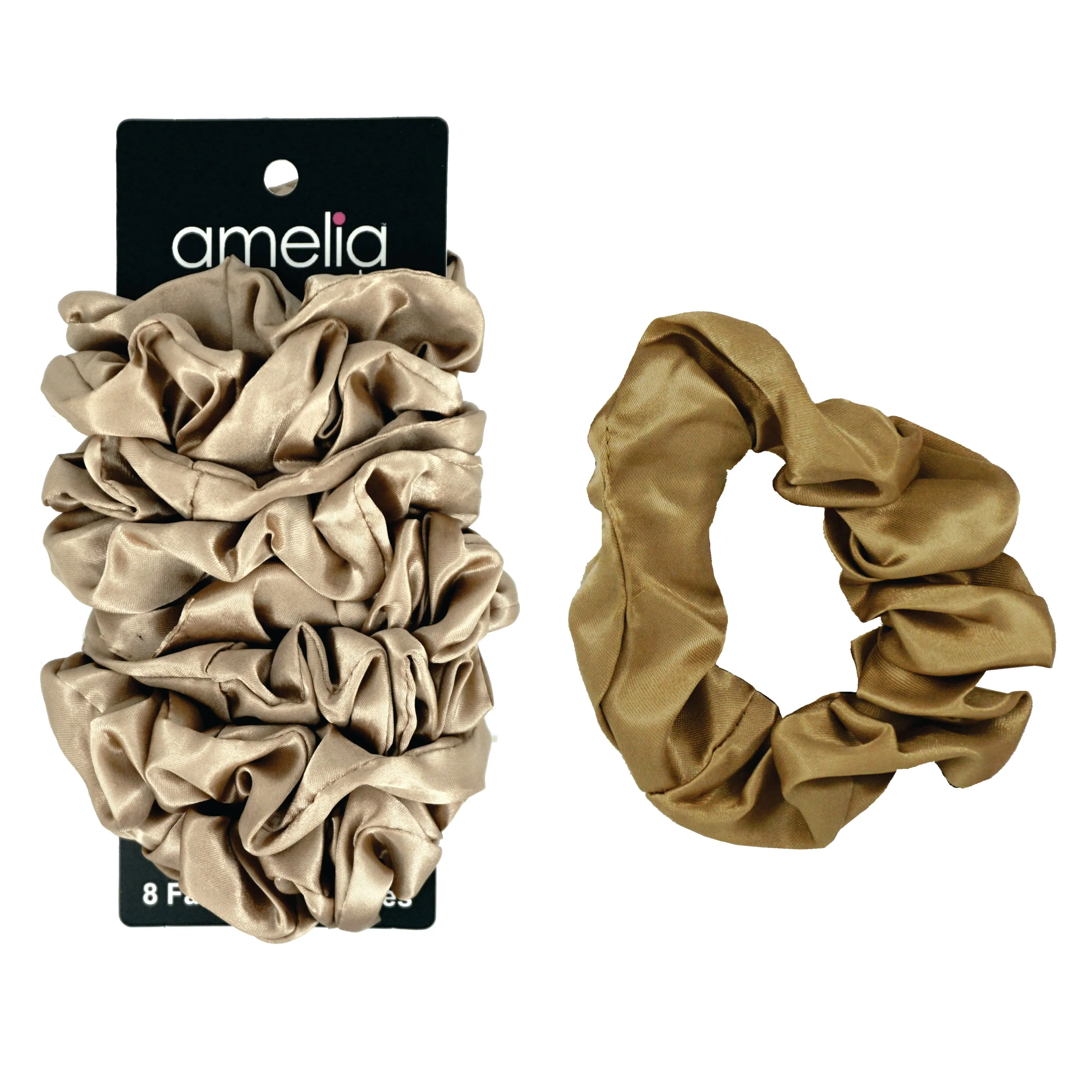 Amelia Beauty Products, Tan Satin Scrunchies, 3.5in Diameter, Gentle on Hair, Strong Hold, No Snag, No Dents or Creases. 8 Pack