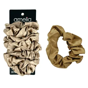 Amelia Beauty Products, Tan Satin Scrunchies, 3.5in Diameter, Gentle on Hair, Strong Hold, No Snag, No Dents or Creases. 8 Pack