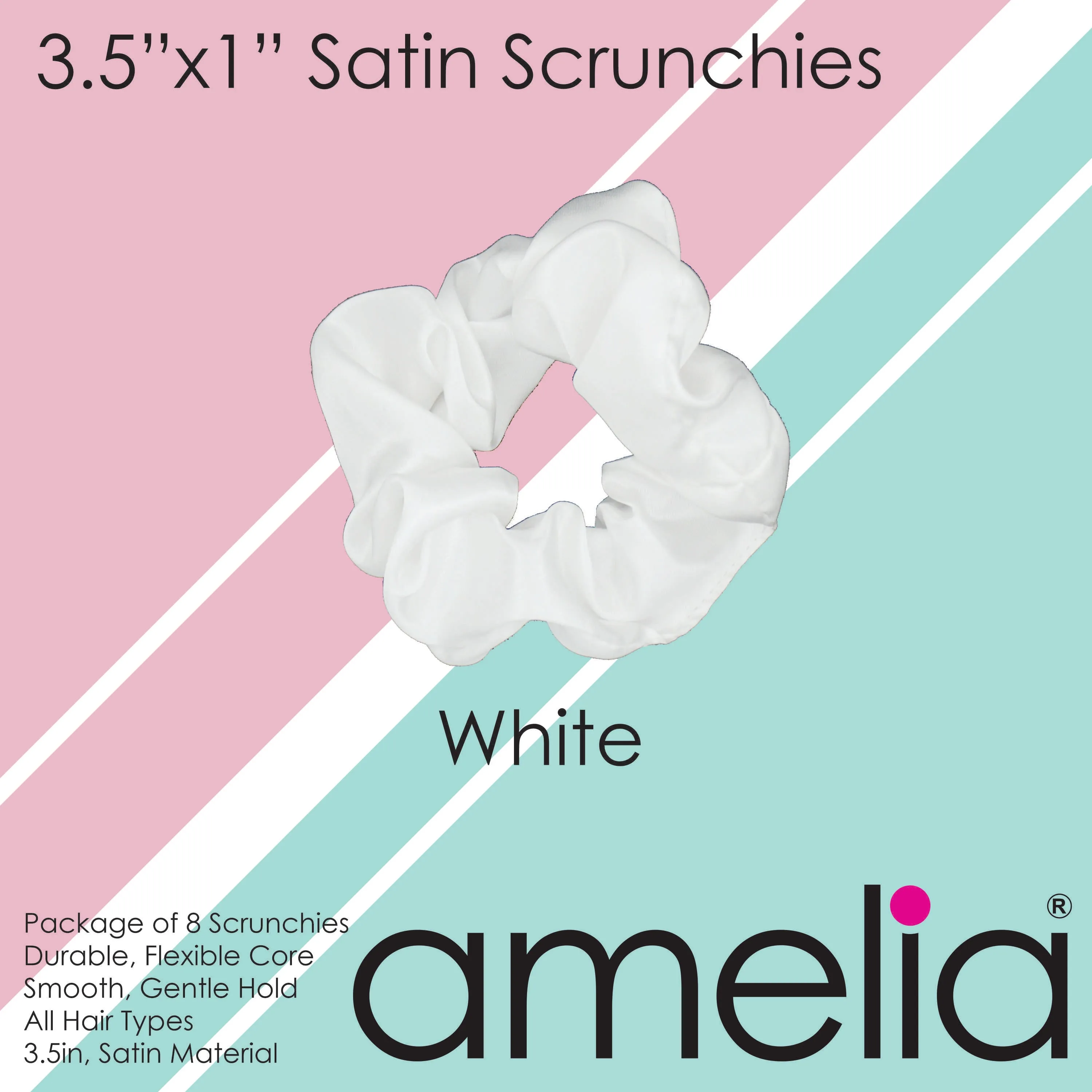 Amelia Beauty Products, White Satin Scrunchies, 3.5in Diameter, Gentle on Hair, Strong Hold, No Snag, No Dents or Creases. 8 Pack