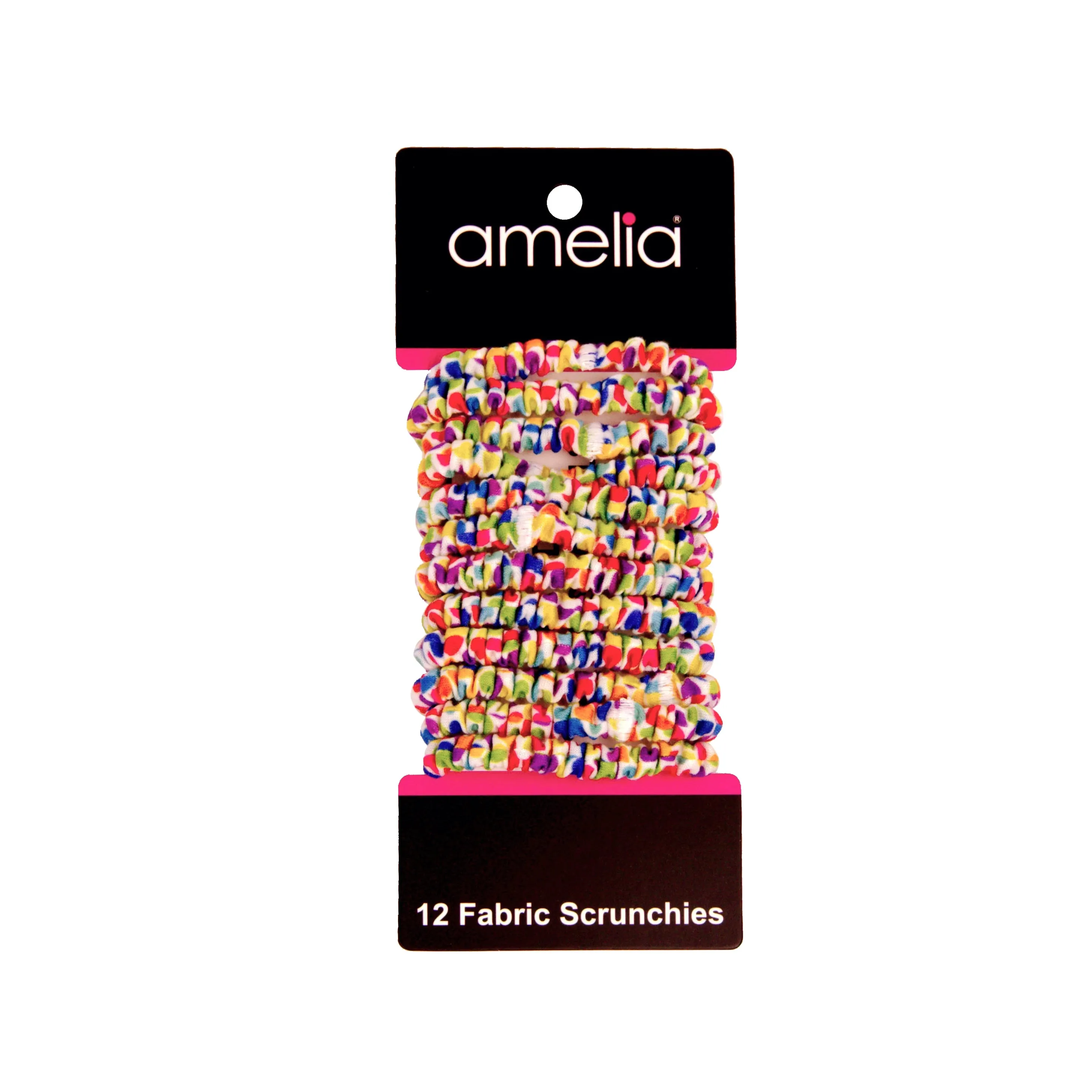 Amelia Beauty, Rainbow Dots Skinny Jersey Scrunchies, 2.125in Diameter, Gentle on Hair, Strong Hold, No Snag, No Dents or Creases. 12 Pack