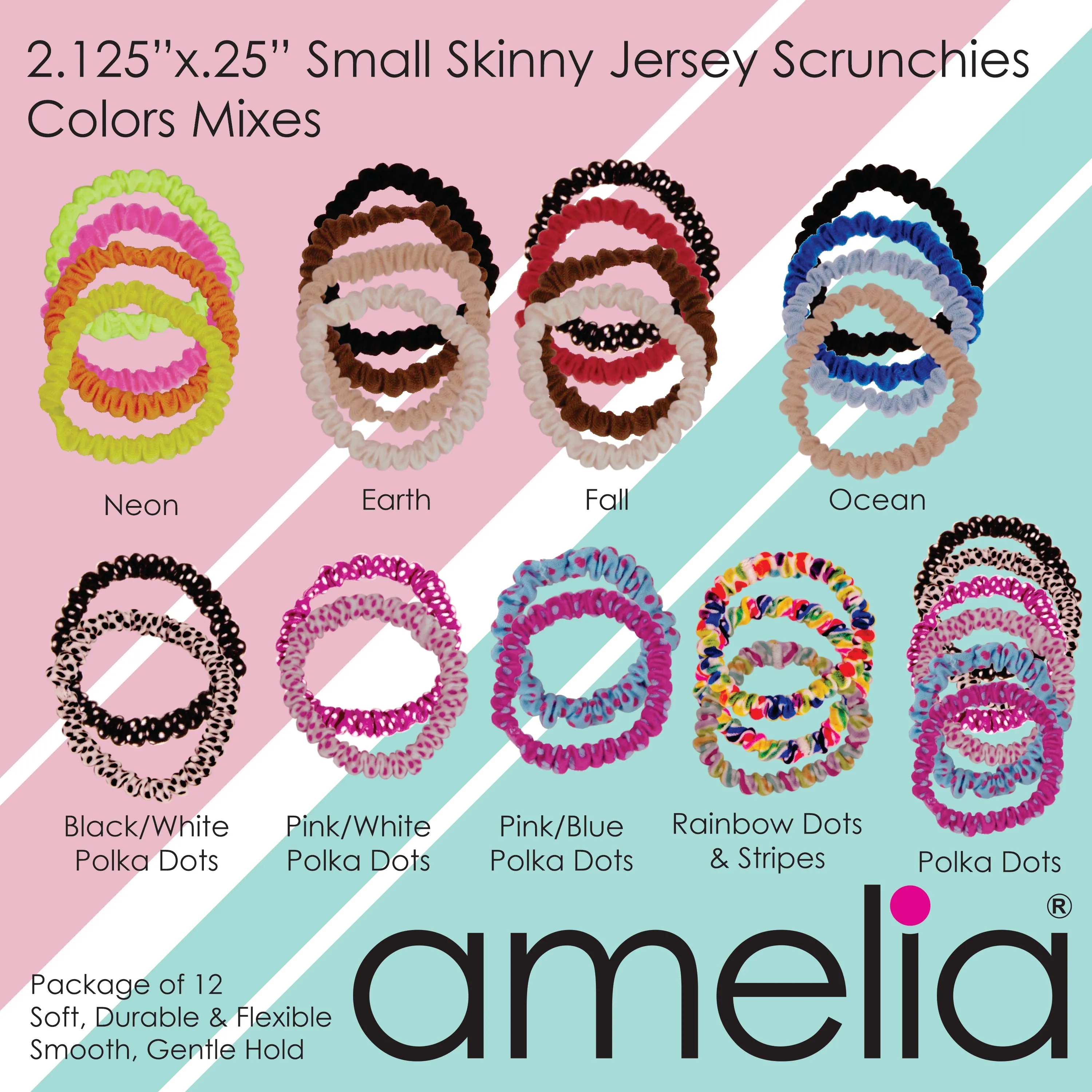 Amelia Beauty, Rainbow Dots Skinny Jersey Scrunchies, 2.125in Diameter, Gentle on Hair, Strong Hold, No Snag, No Dents or Creases. 12 Pack