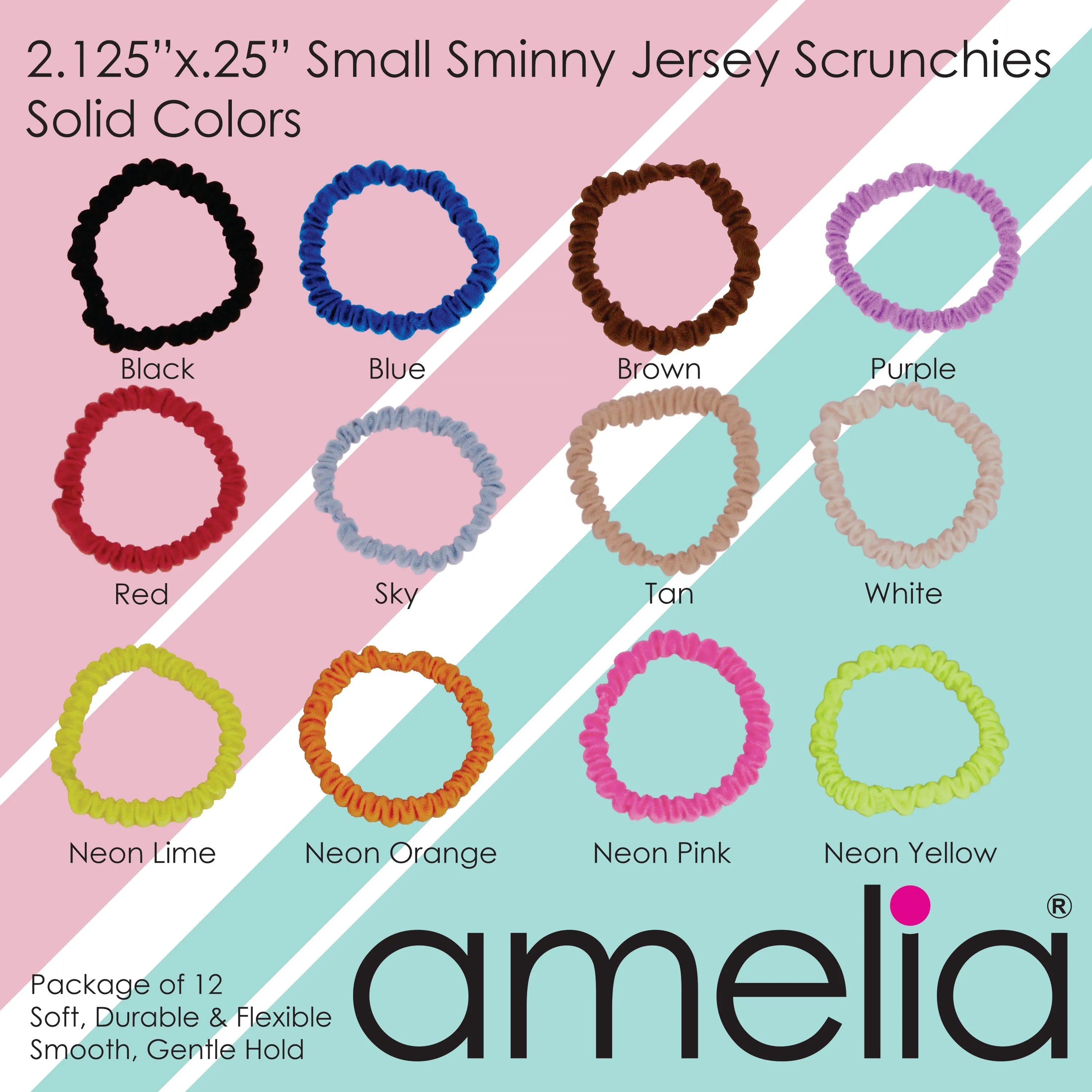 Amelia Beauty, Rainbow Dots Skinny Jersey Scrunchies, 2.125in Diameter, Gentle on Hair, Strong Hold, No Snag, No Dents or Creases. 12 Pack