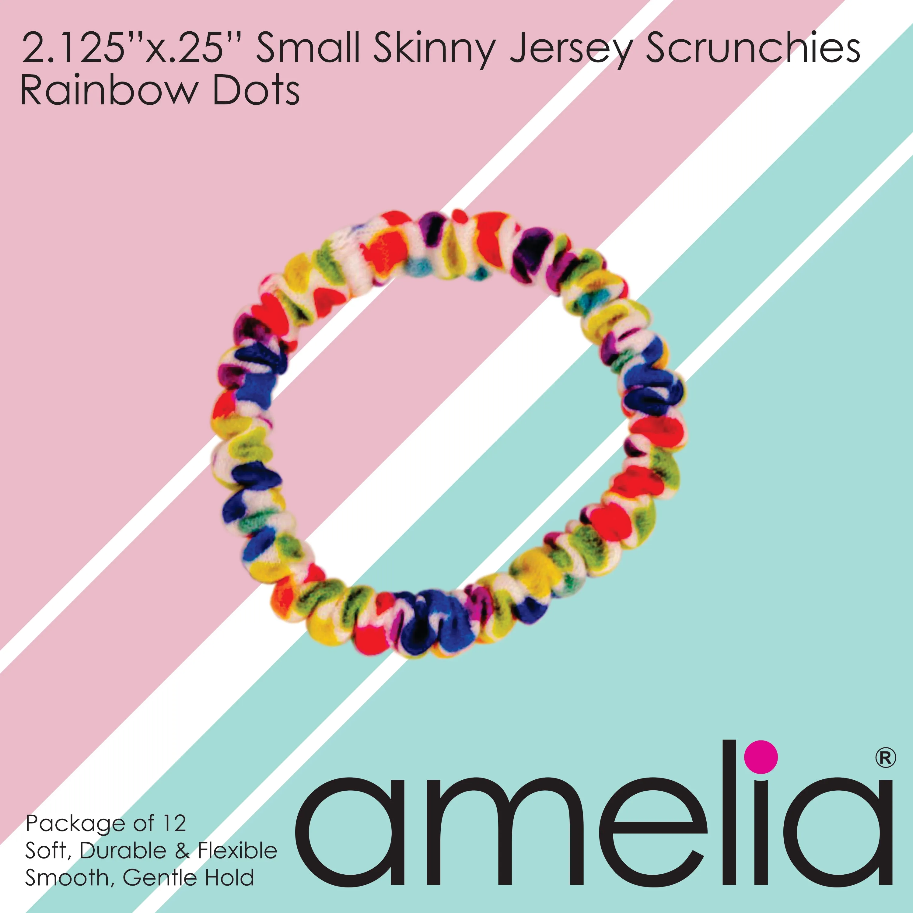 Amelia Beauty, Rainbow Dots Skinny Jersey Scrunchies, 2.125in Diameter, Gentle on Hair, Strong Hold, No Snag, No Dents or Creases. 12 Pack