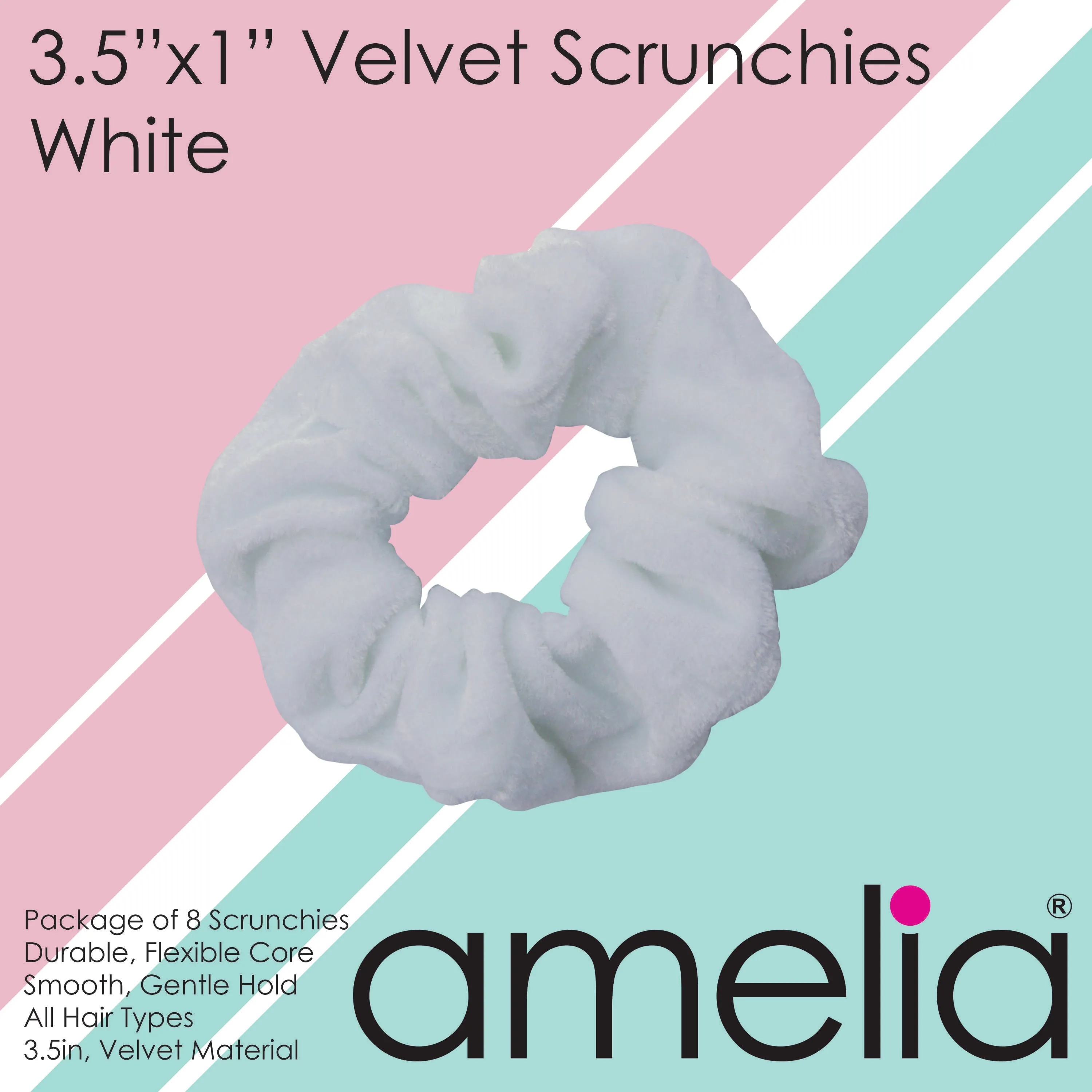 Amelia Beauty, White Velvet Scrunchies, 3.5in Diameter, Gentle on Hair, Strong Hold, No Snag, No Dents or Creases. 8 Pack