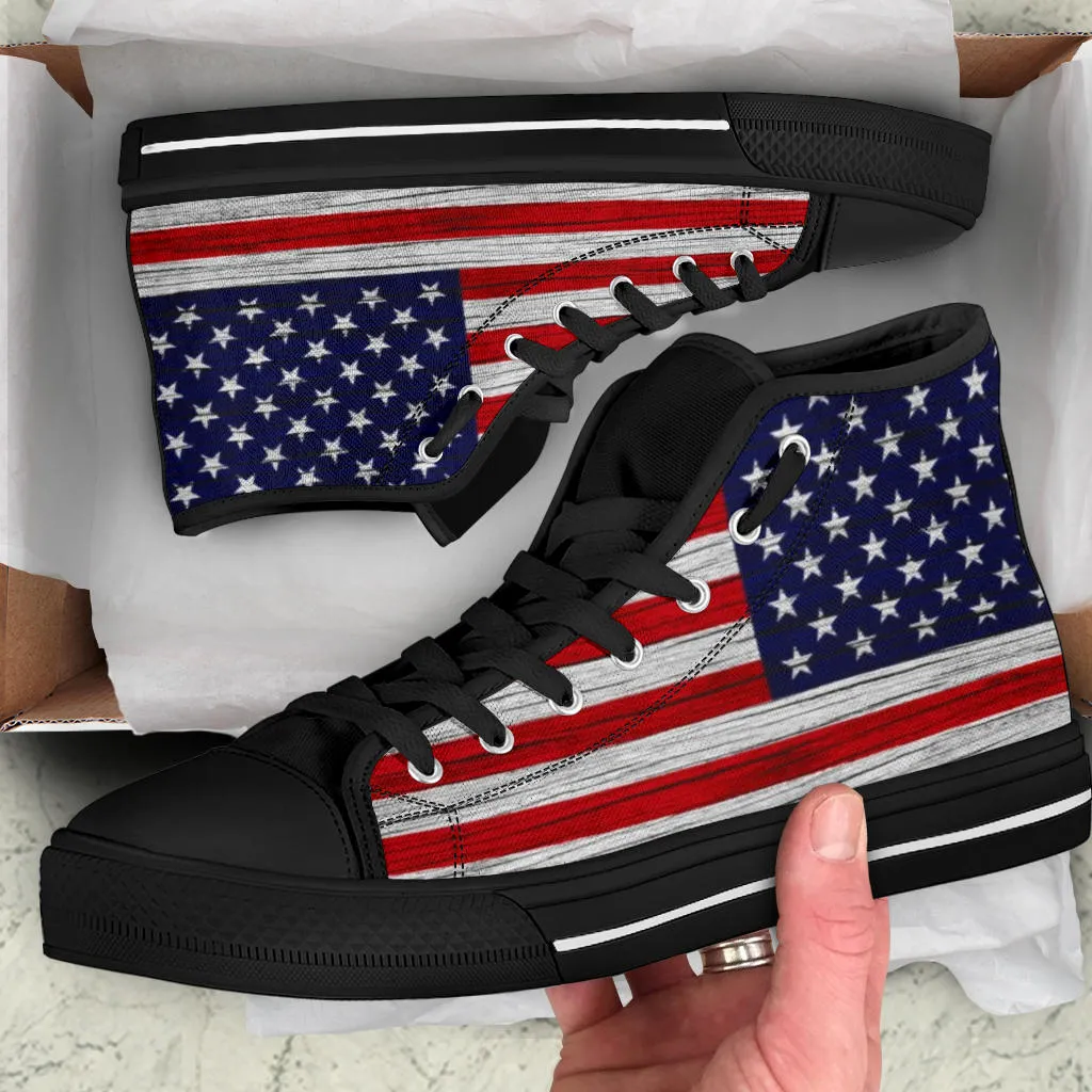 American Wooden Texture Flag High Top Sneakers Custom Shoes with Black Soles
