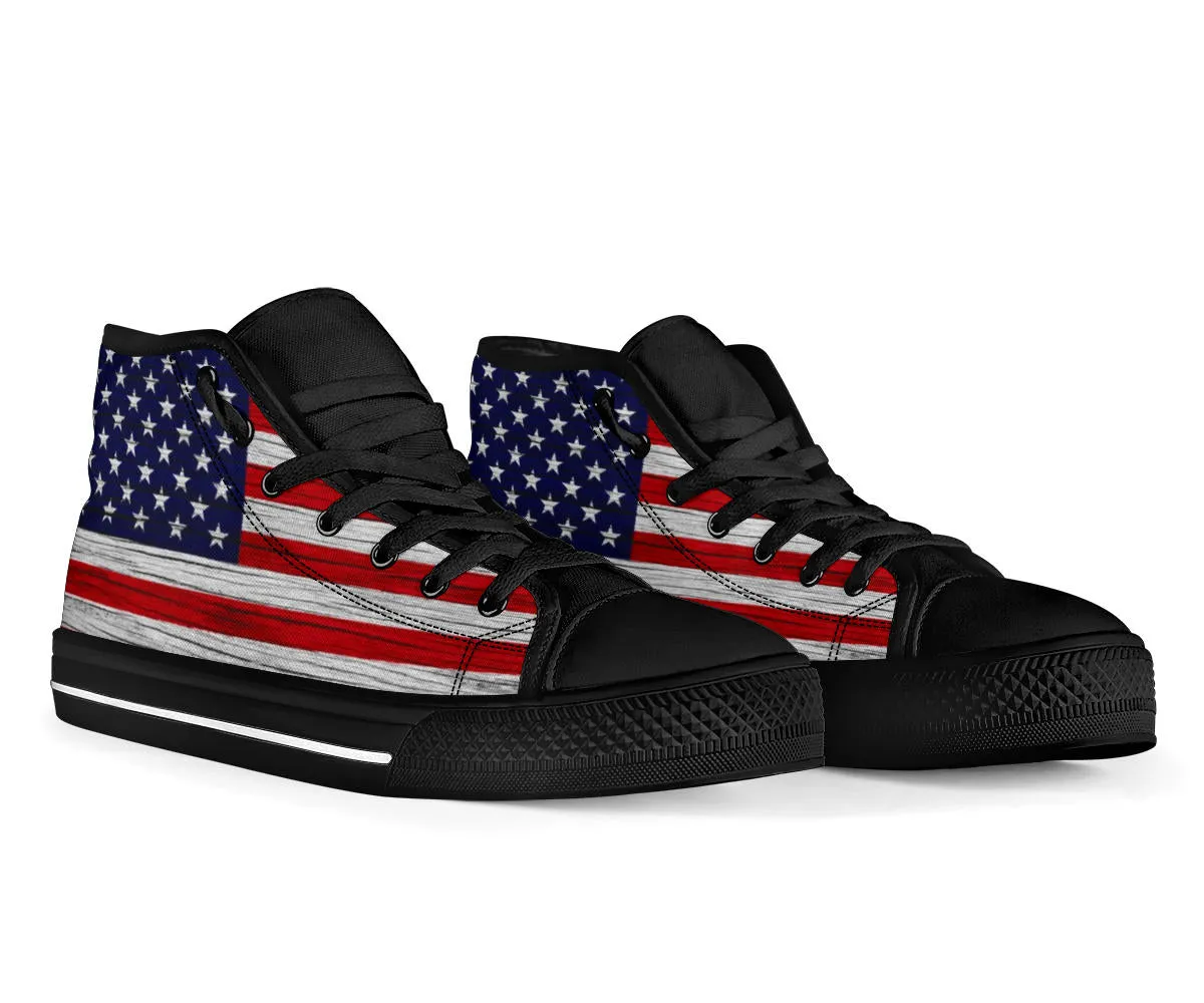 American Wooden Texture Flag High Top Sneakers Custom Shoes with Black Soles