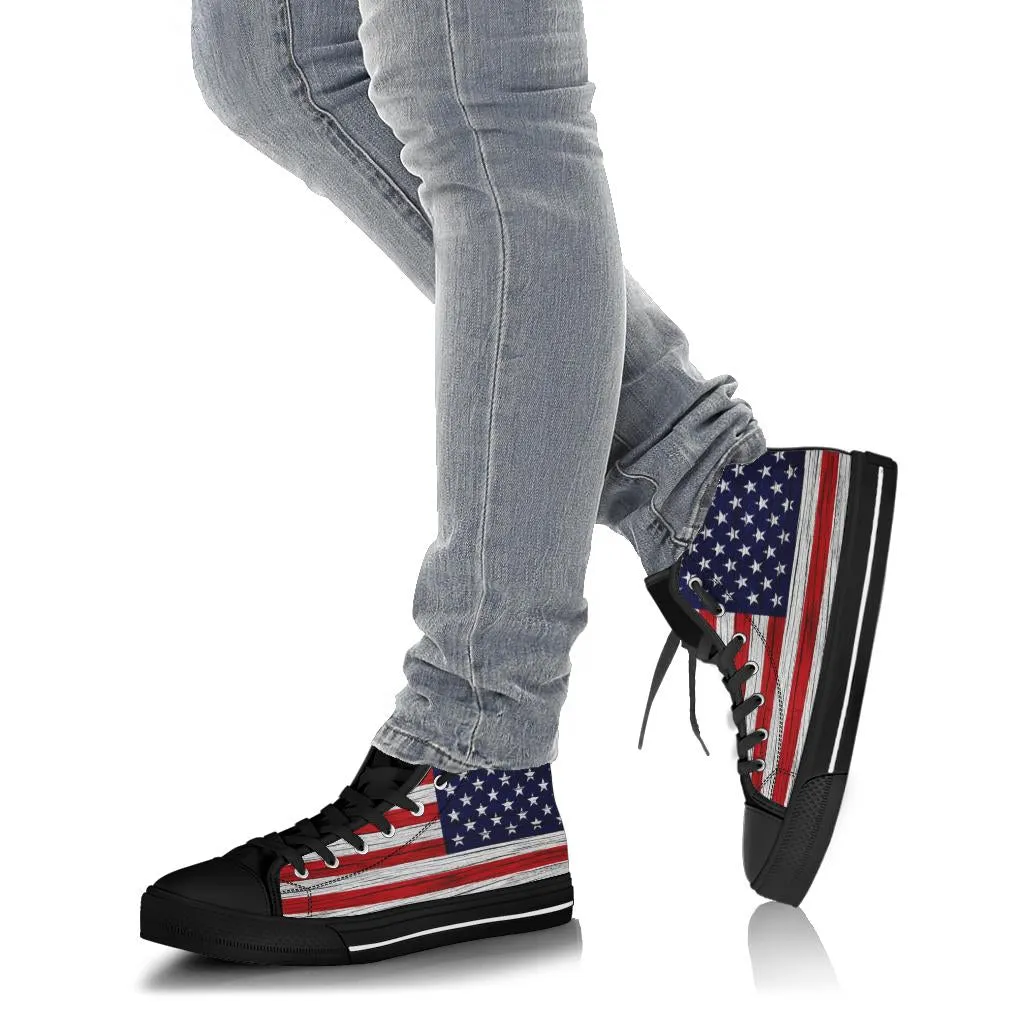 American Wooden Texture Flag High Top Sneakers Custom Shoes with Black Soles