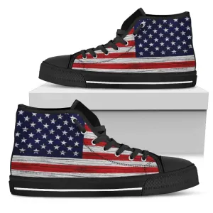 American Wooden Texture Flag High Top Sneakers Custom Shoes with Black Soles