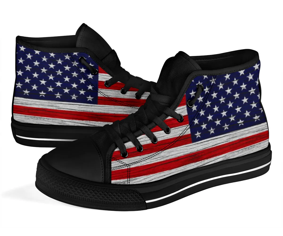 American Wooden Texture Flag High Top Sneakers Custom Shoes with Black Soles