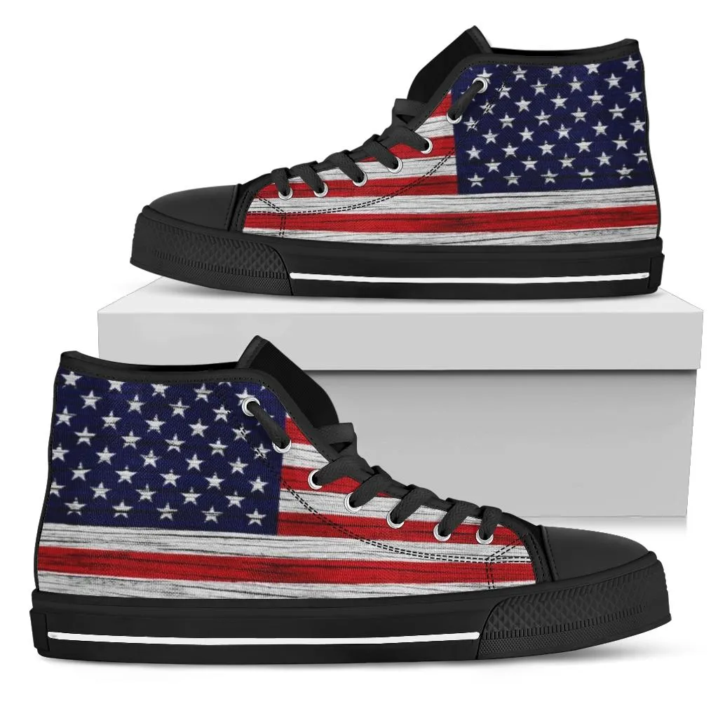 American Wooden Texture Flag High Top Sneakers Custom Shoes with Black Soles