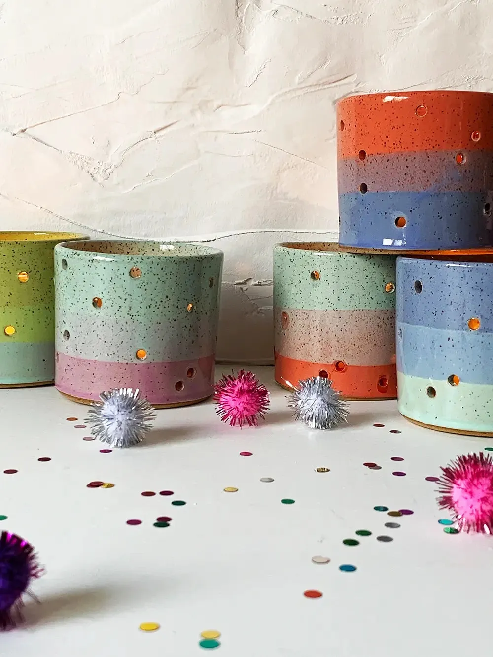 Bella Joy Stoneware Candle Holder - Coral and Blue