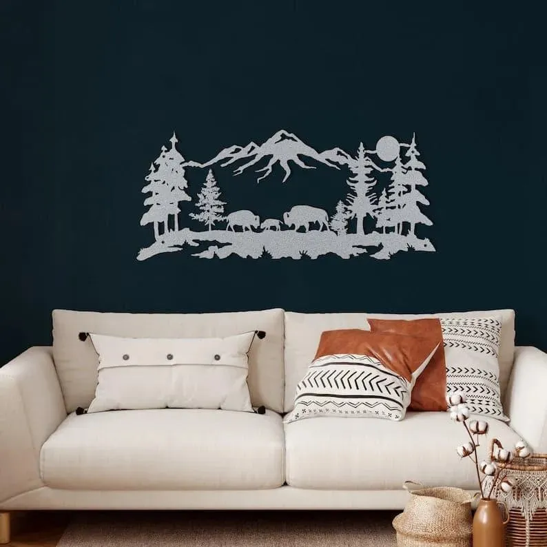 Bison and Mountain Metal Wall Hangings