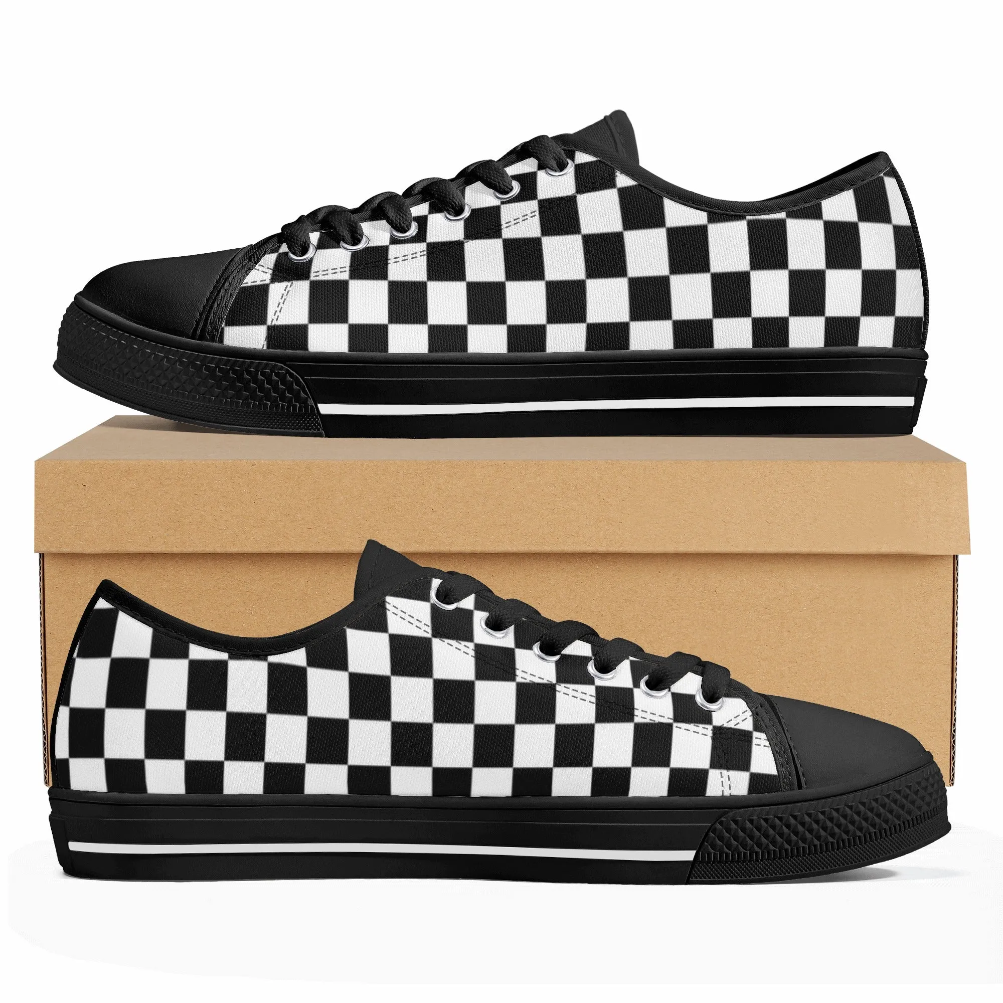 Black White Checkered Womens Low Top Sneakers