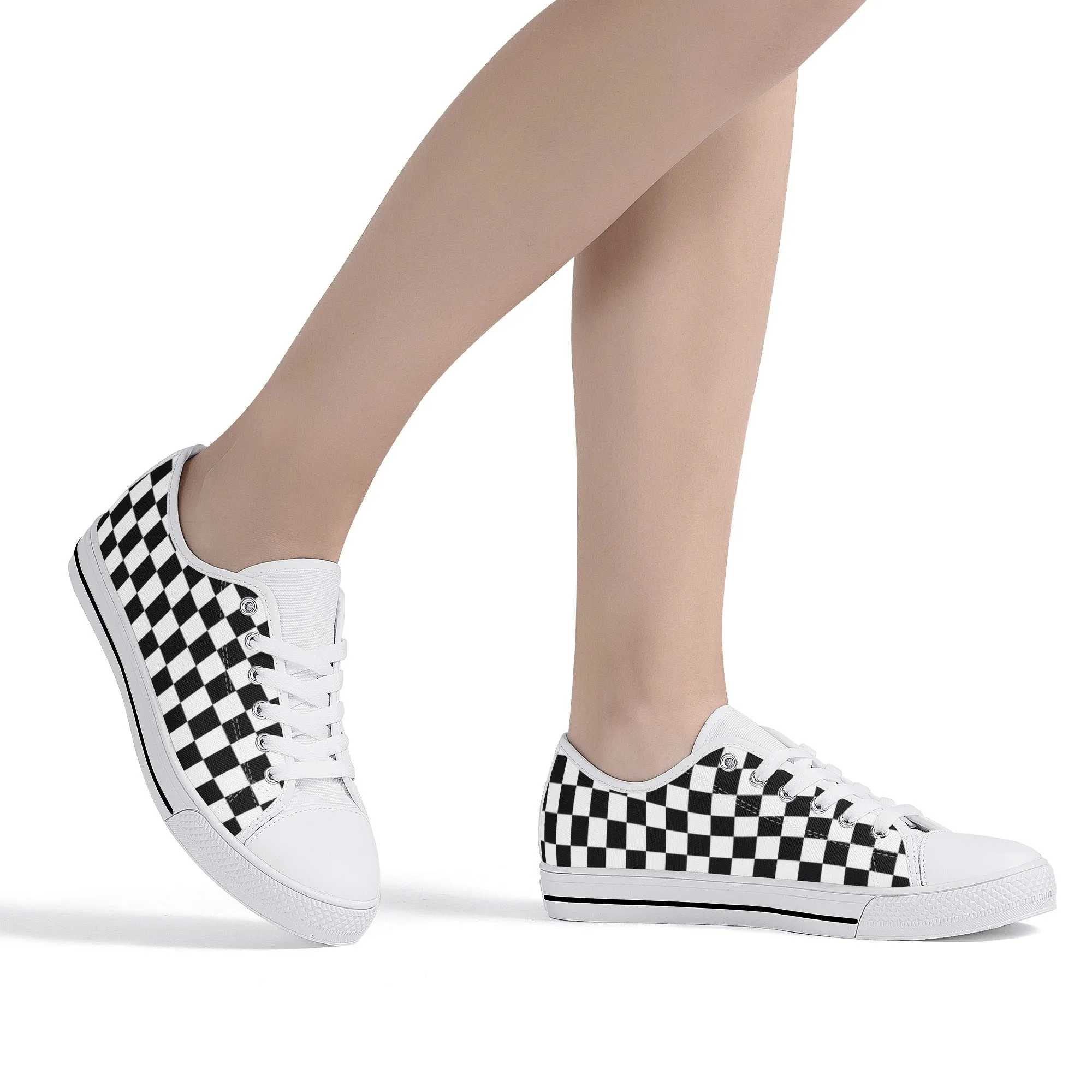Black White Checkered Womens Low Top Sneakers