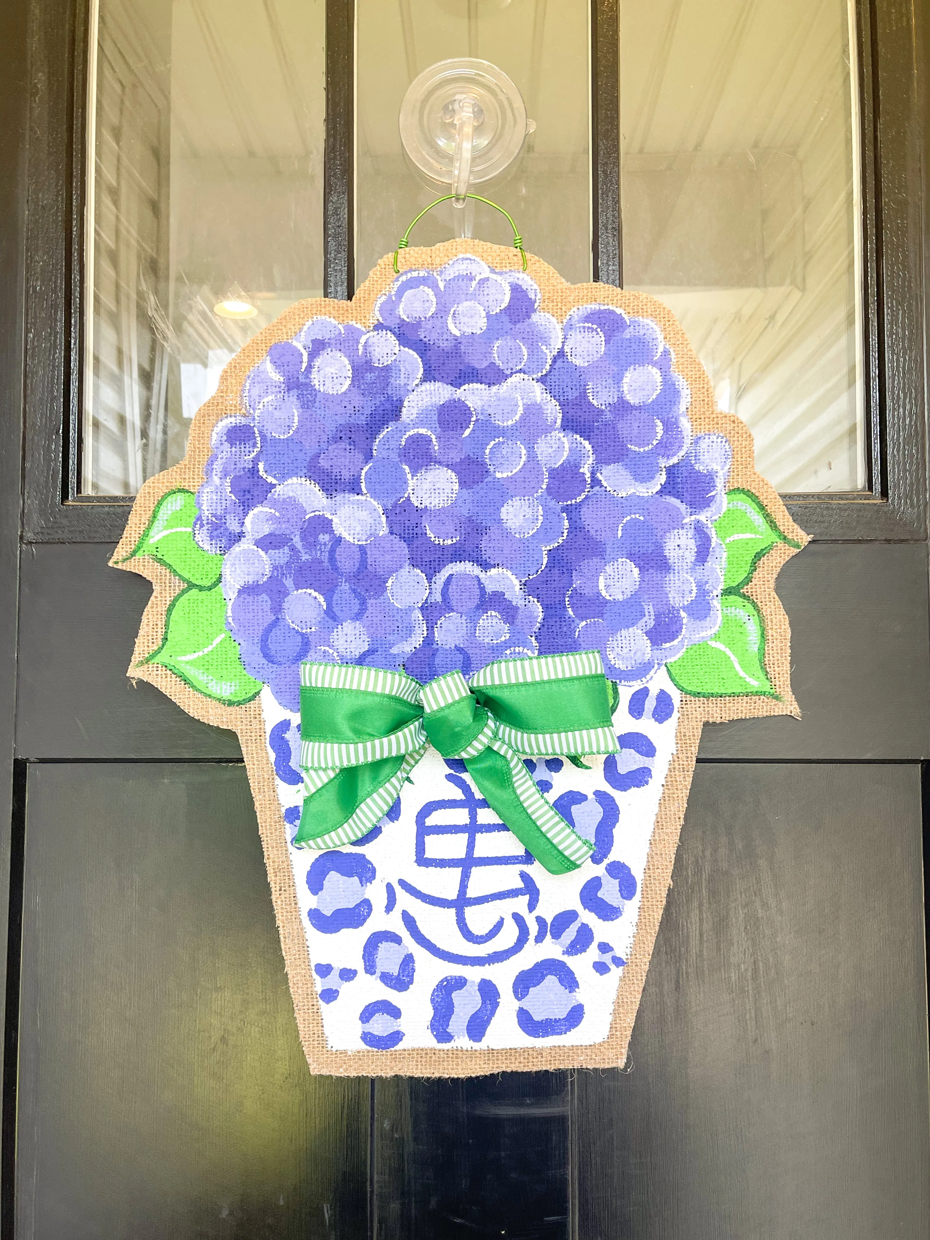 Blue Hydrangea Chinoiserie Burlap Door Hanger