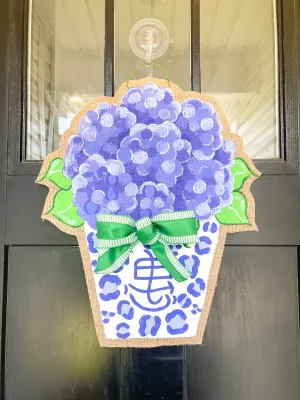 Blue Hydrangea Chinoiserie Burlap Door Hanger