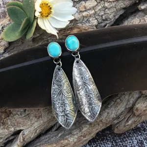 Boho Kingman II Turquoise Etched Sterling Silver Earrings