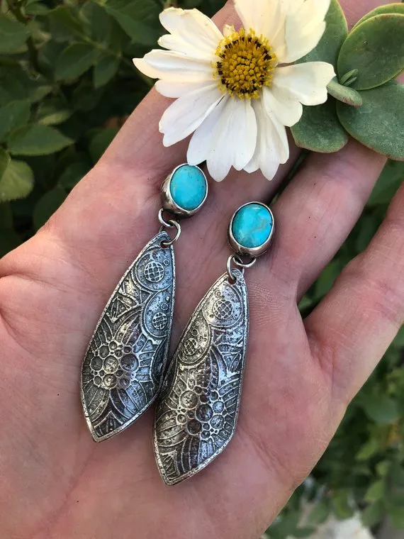 Boho Kingman II Turquoise Etched Sterling Silver Earrings