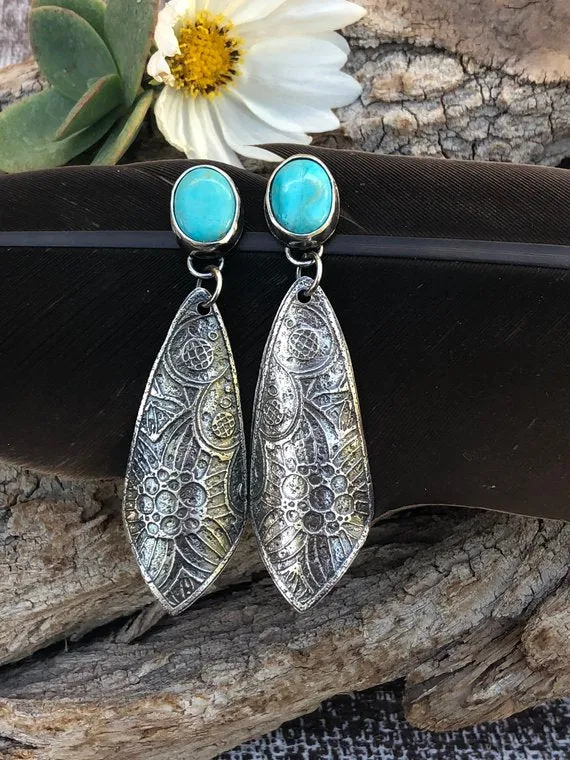 Boho Kingman II Turquoise Etched Sterling Silver Earrings