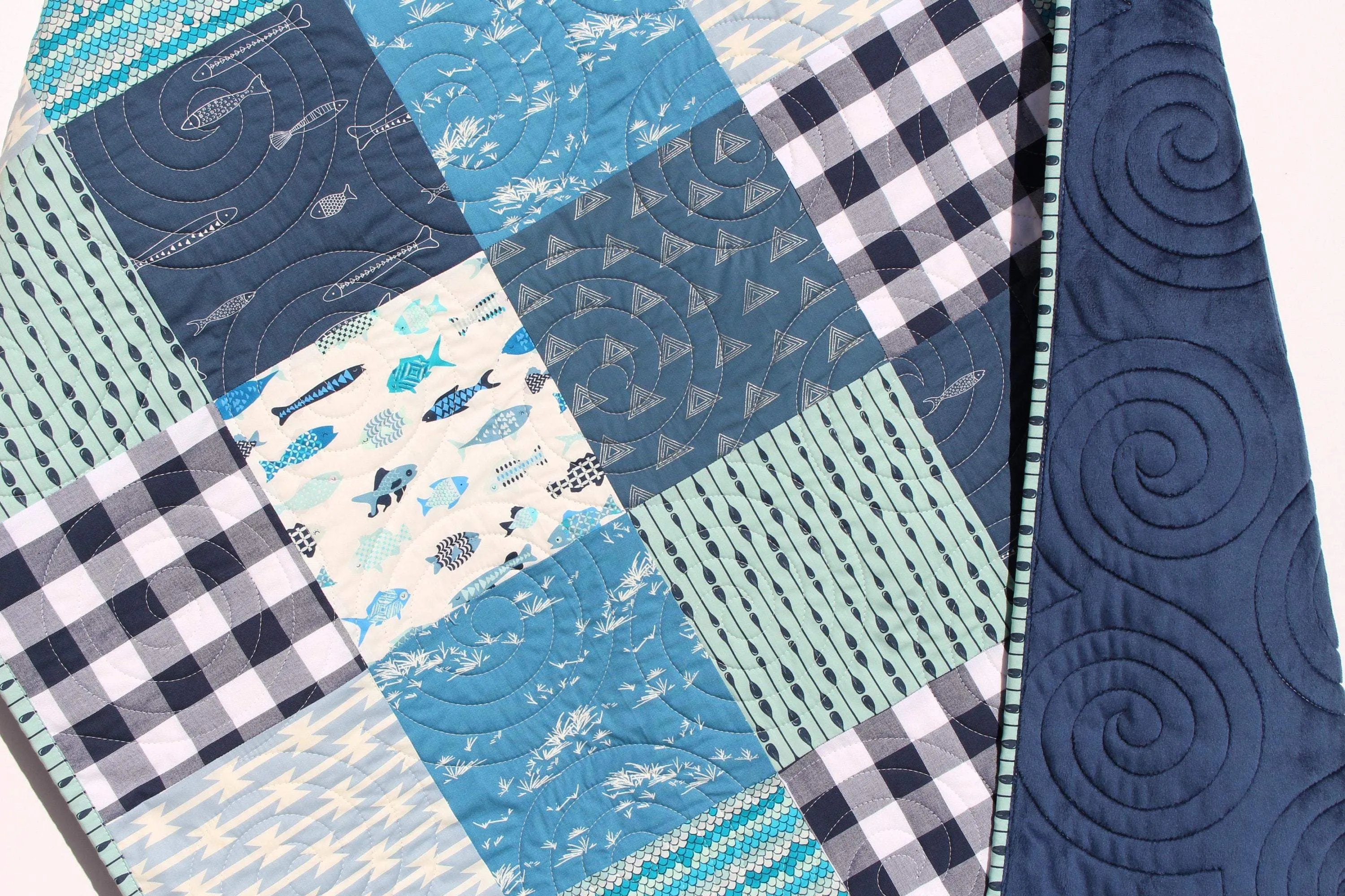 Boy Quilts Handmade, Woodland Baby Blanket, Fish Nursery Bedding