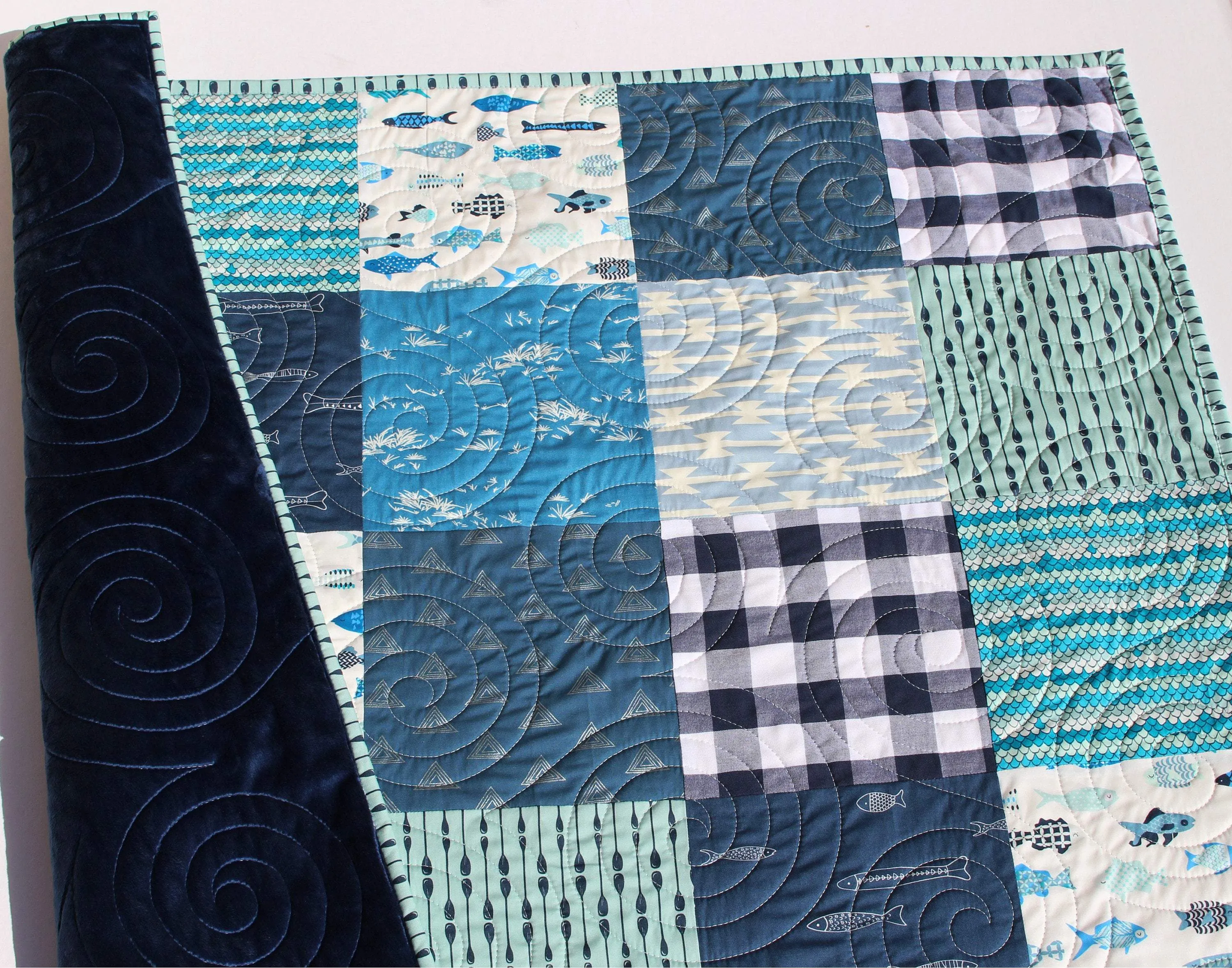 Boy Quilts Handmade, Woodland Baby Blanket, Fish Nursery Bedding