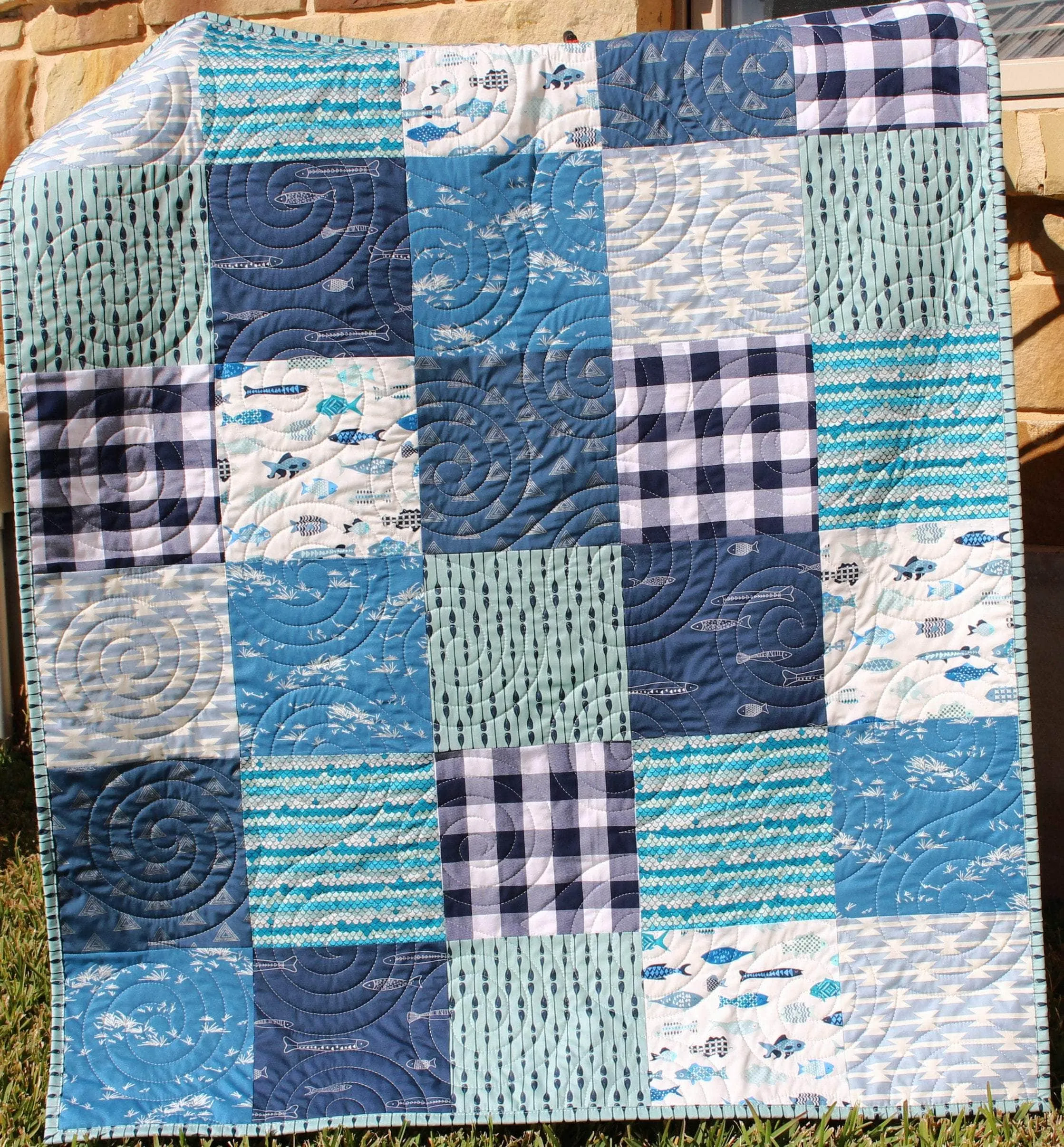 Boy Quilts Handmade, Woodland Baby Blanket, Fish Nursery Bedding