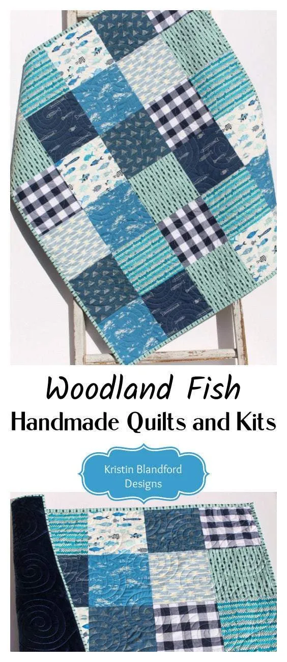 Boy Quilts Handmade, Woodland Baby Blanket, Fish Nursery Bedding