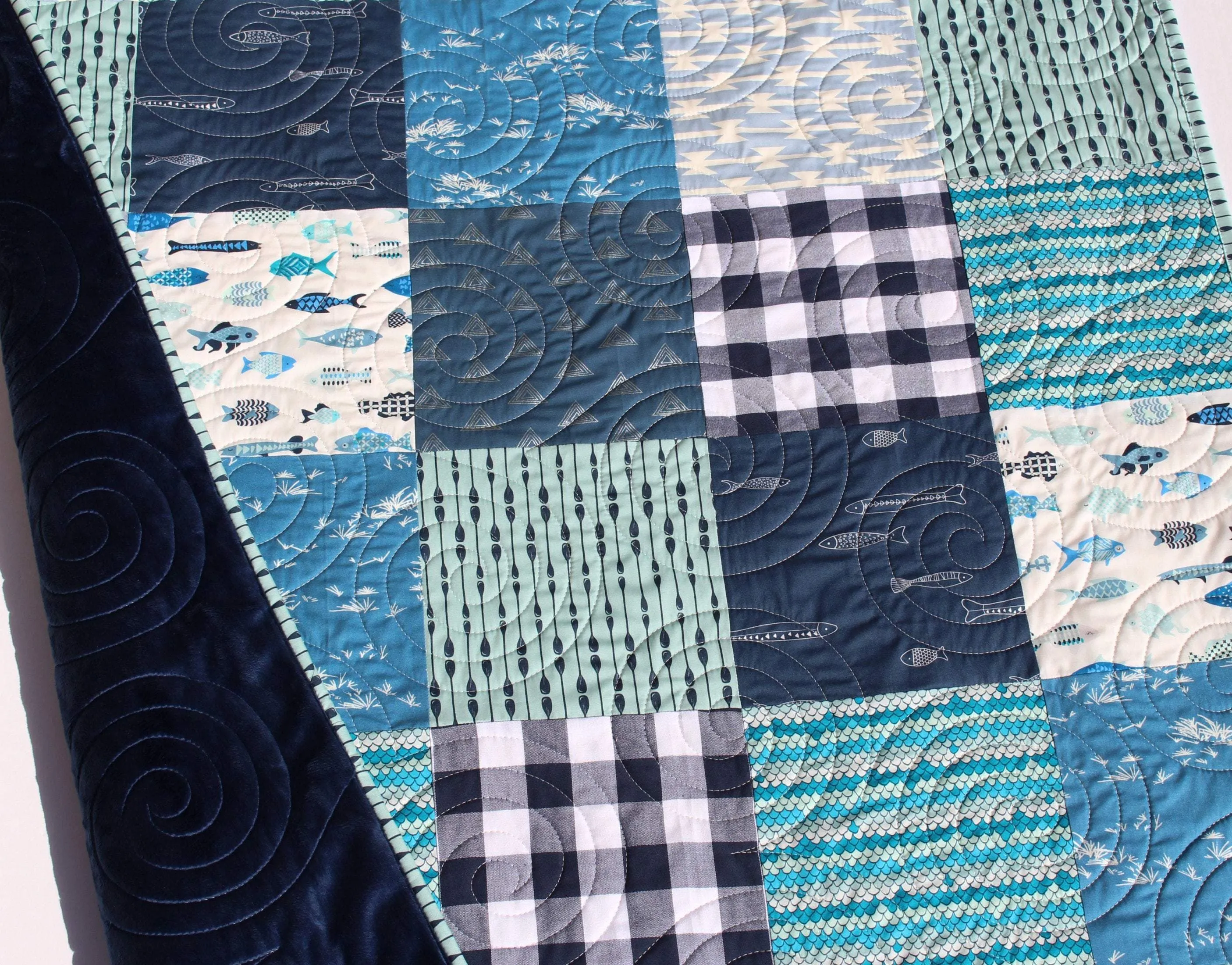 Boy Quilts Handmade, Woodland Baby Blanket, Fish Nursery Bedding